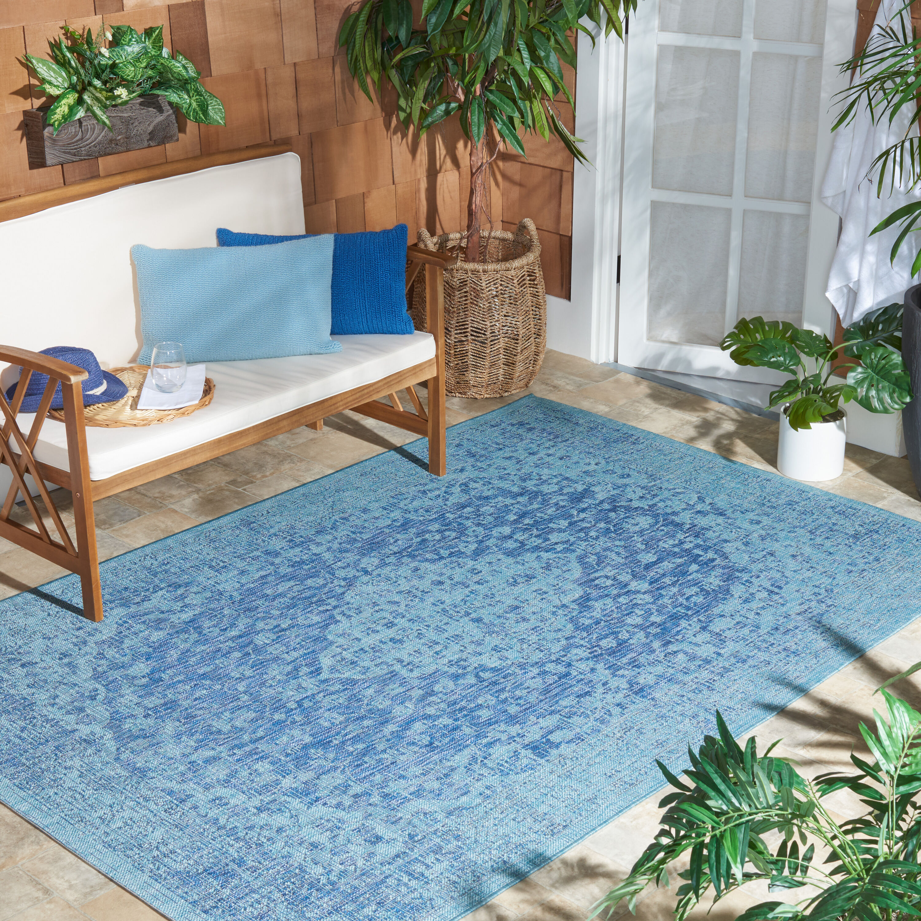 Safavieh CY8720-39421-7SQ Courtyard 7 x 7 (ft) Loomed Synthetic Navy/Aqua Square Indoor/Outdoor Medallion Area rug