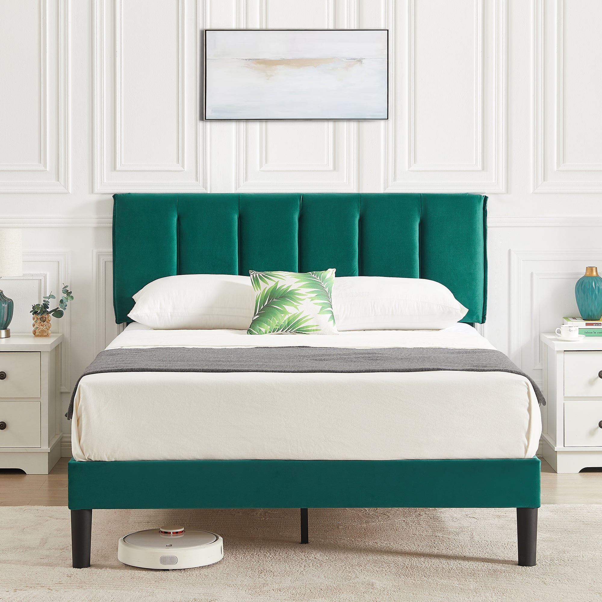 Vecelo LOE-CY-FB04-DGRN Full Bed Frame with Upholstered Adjustable Headboard Heavy Duty Platform Bed Frame with Strong Wooden Slats Support Dark Green