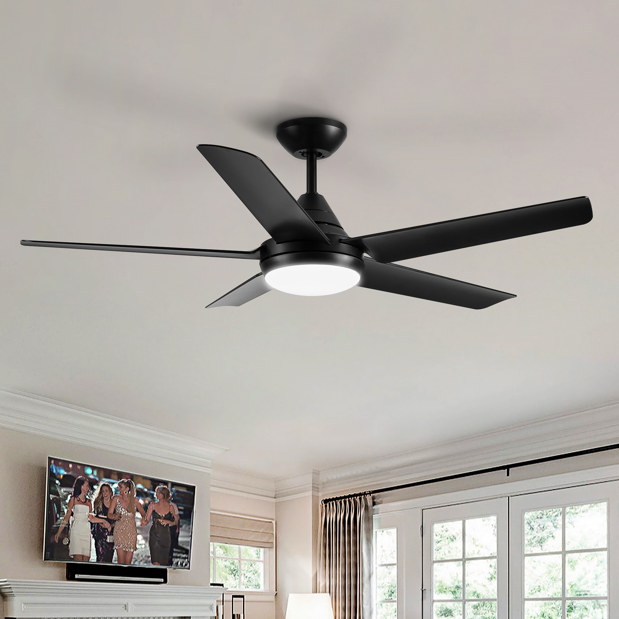 ExBrite DICF0042 48-Inches Matte Black with Matte Blades Color-Changing Integrated LED Fixture Indoor Downrod mount Windmill Ceiling Fan With Light and Remote ( 5 -Blade)