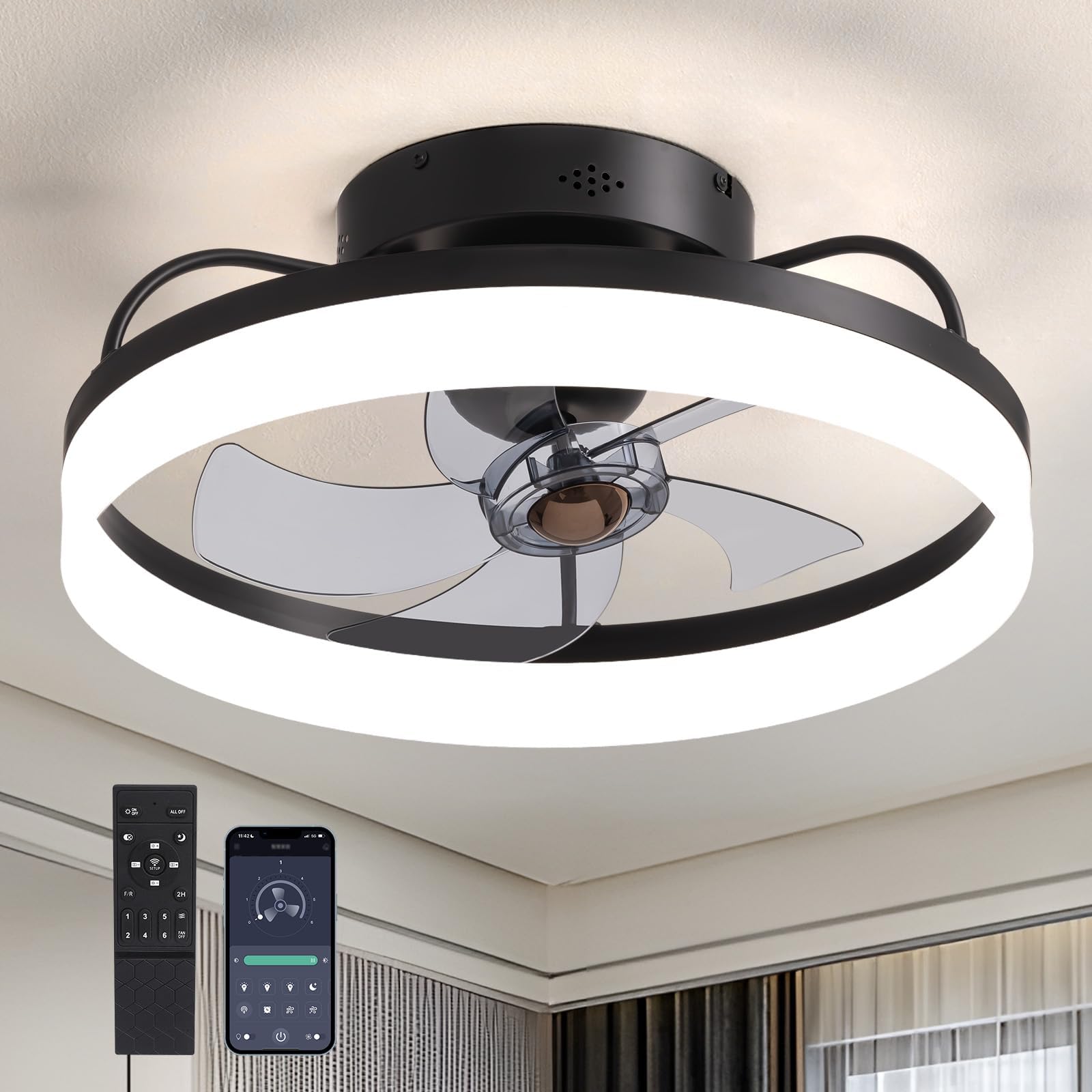 SILJOY LL-6001BL-03 Flush mount Ceiling Fan with Light and Remote Control Include