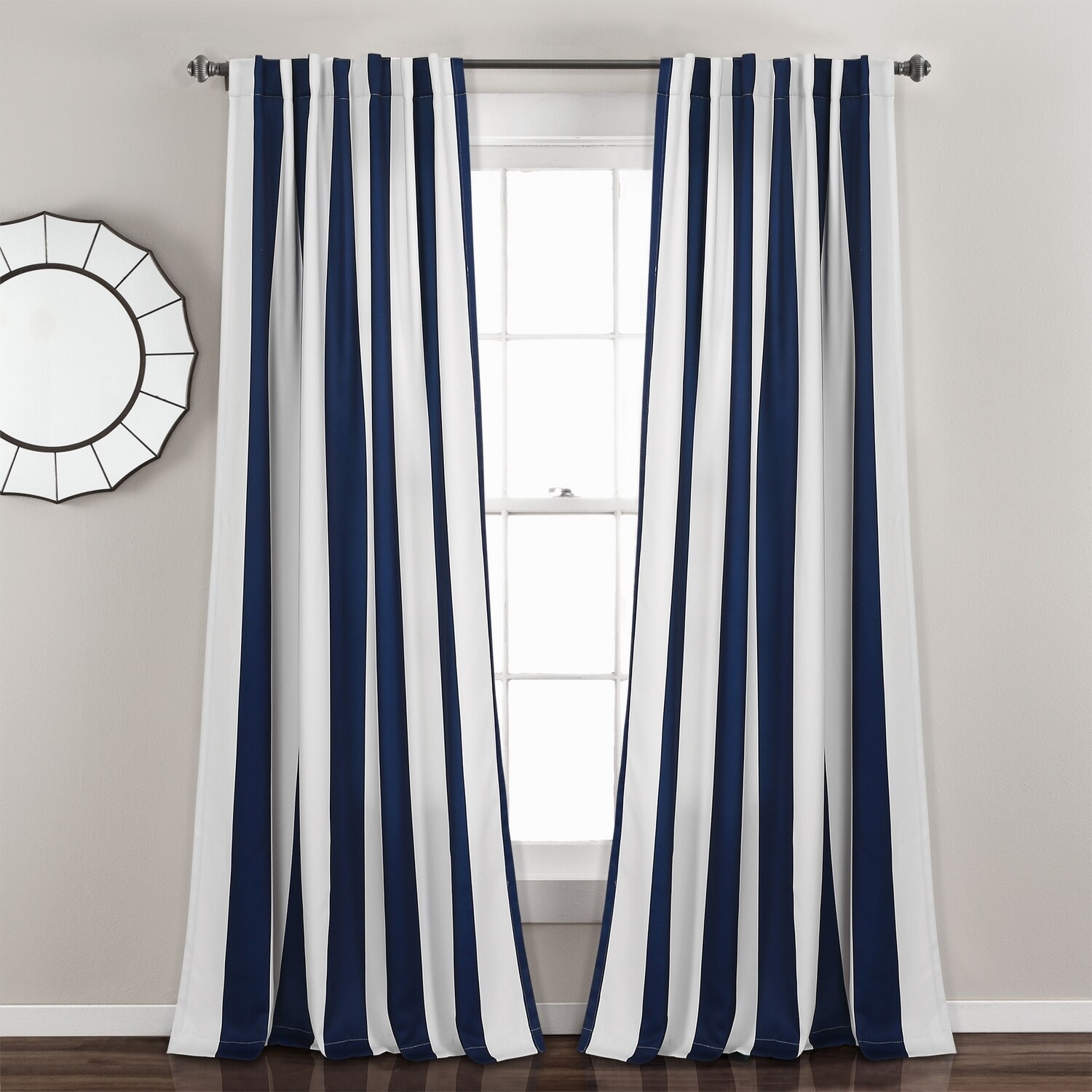Lush Decor 21T010454 84-Inches Navy Striped Light filtering Back tab Curtain panel pair