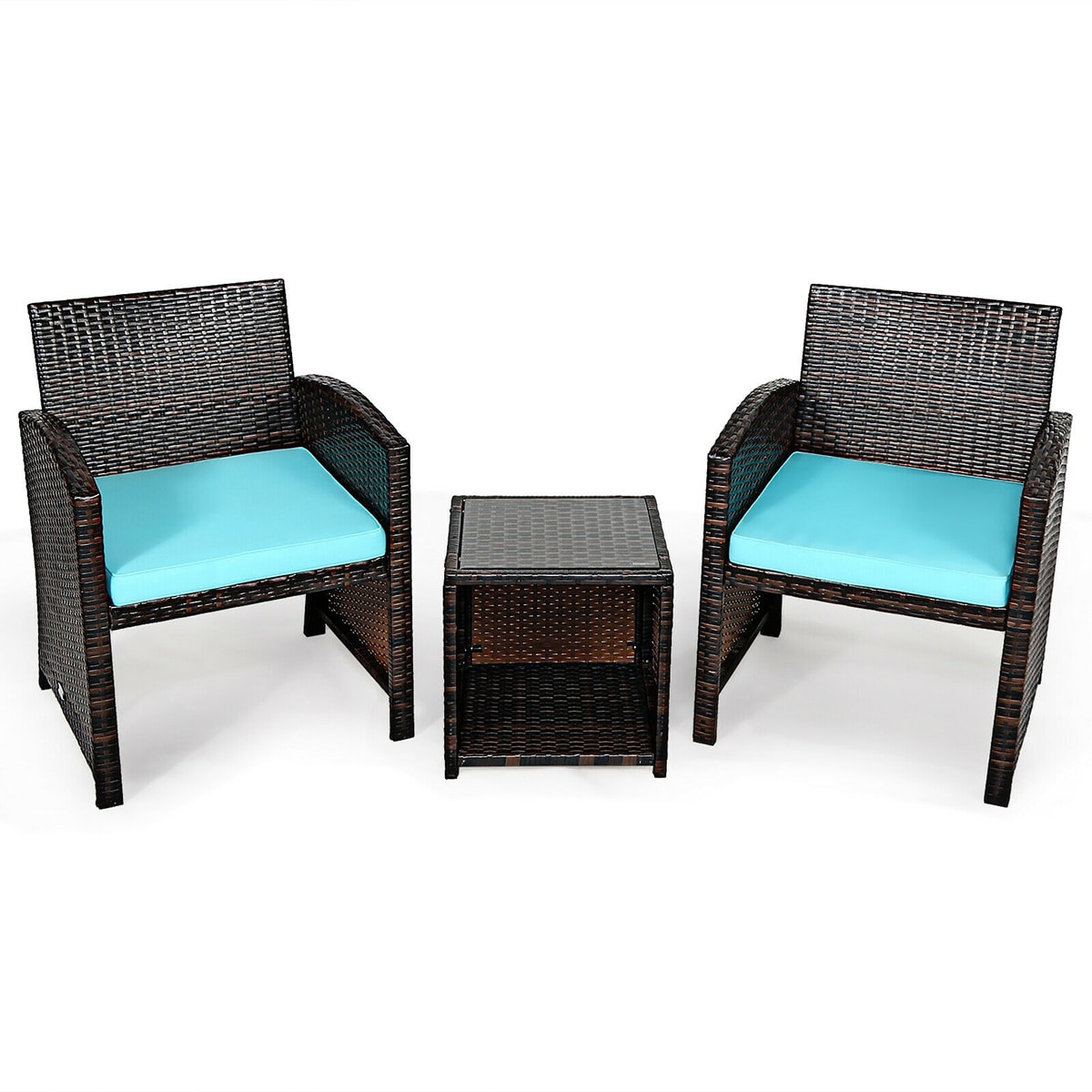 WELLFOR OUG67813TU 3 -Piece Rattan Patio Conversation Set with Blue Cushions