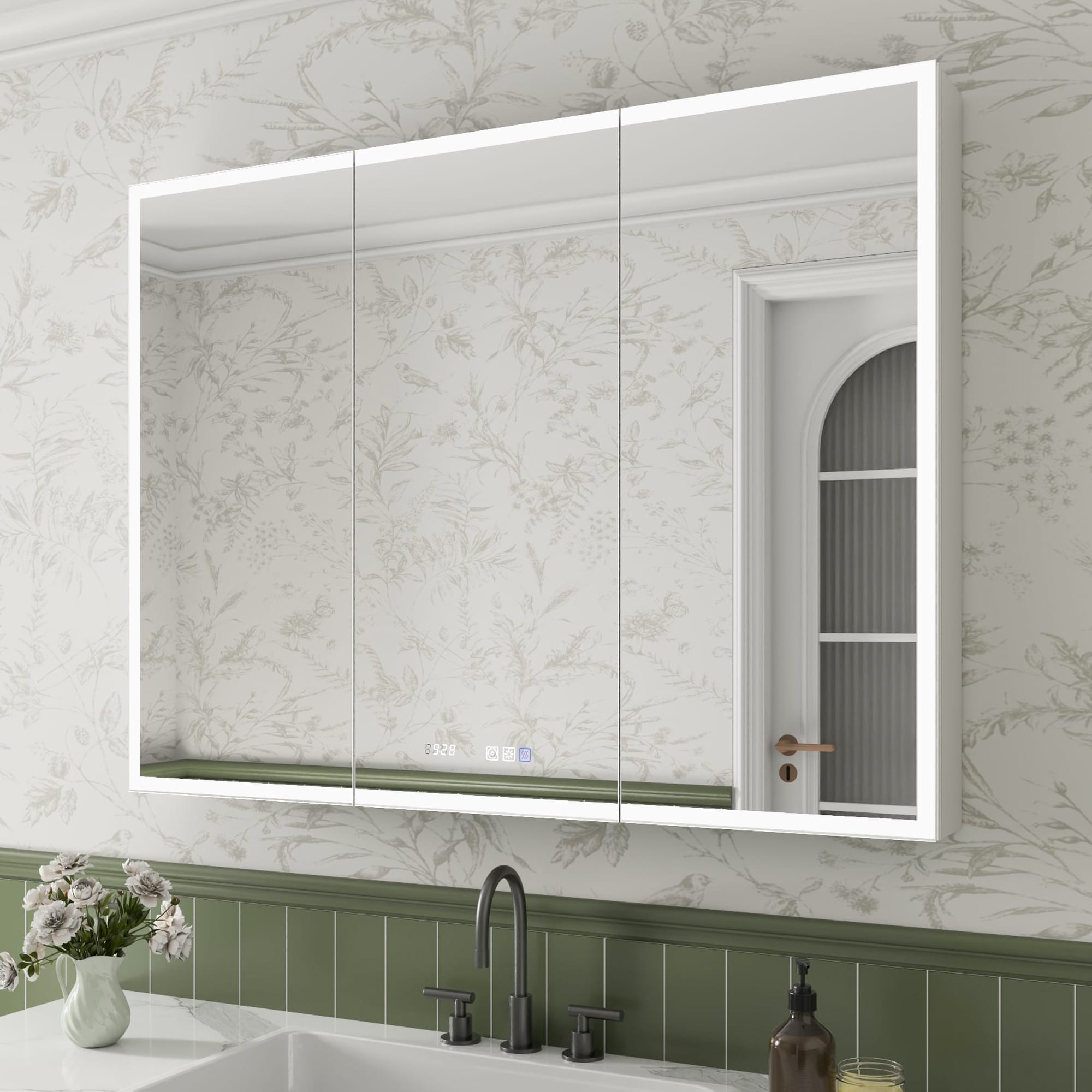 ExBrite EBMC4836V6TX Luvia 48-in x 36-in Lighted LED Fog Free Surface/Recessed Mount Silvery Gray Mirrored Rectangle Soft Close Medicine Cabinet with Outlet
