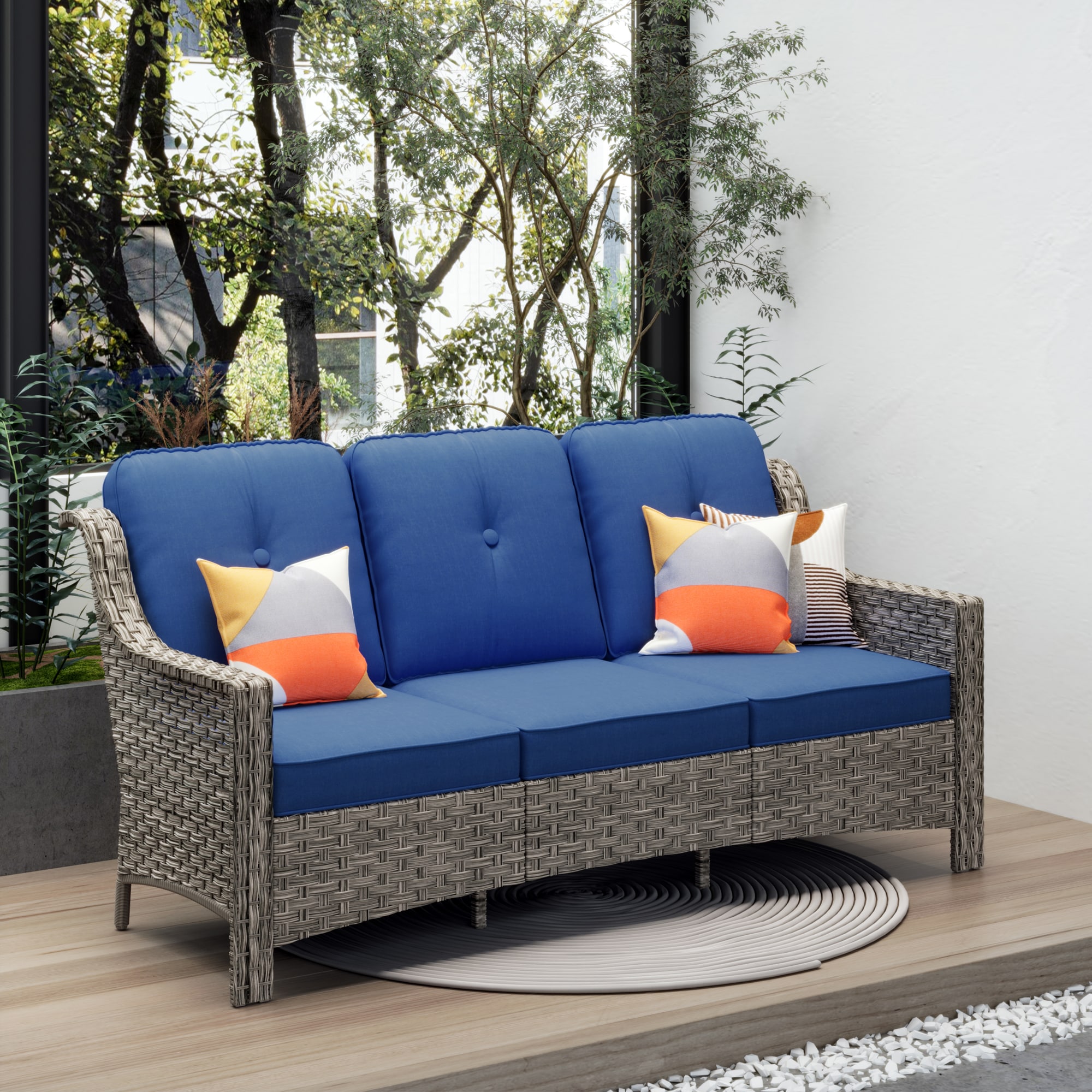 Ovios PD7021 Wicker Outdoor Sofa with Navy Cushions and Iron Frame