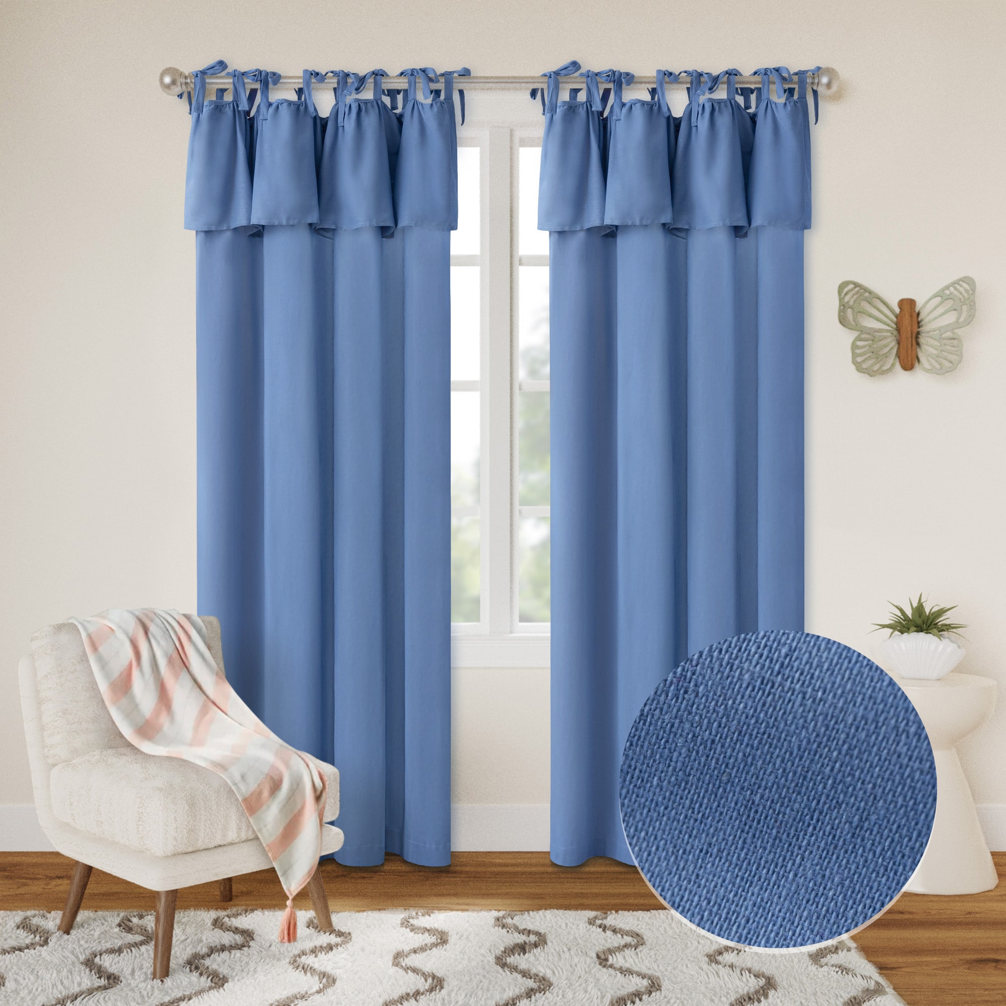 Awesome Home 52-in W x 63-in L Blue Recycled Cotton Blend Ruffle Tie Top Pair