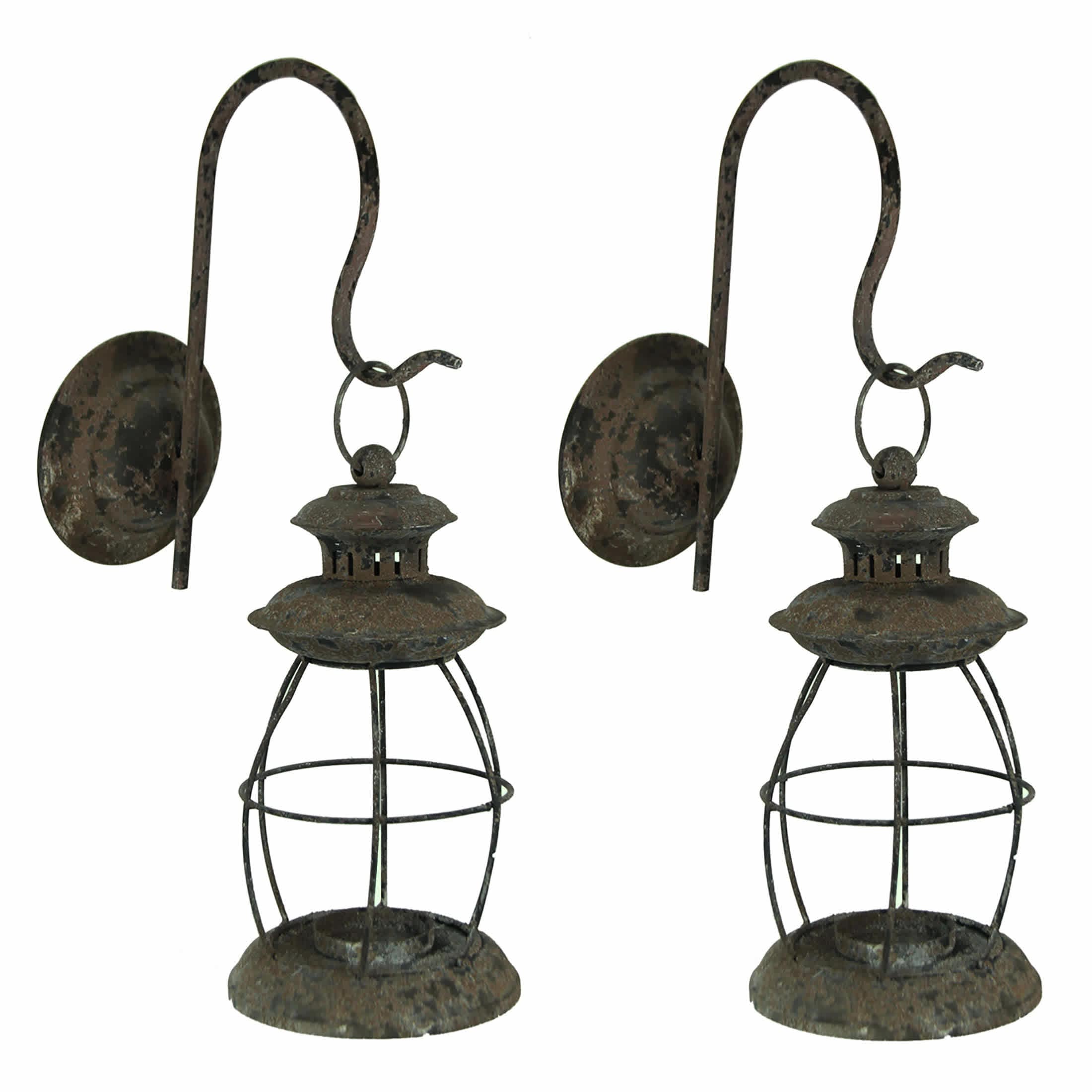 Zeckos ZKO-99113-BK Set of 2 Distressed Black Wall-Mounted Lanterns - Vintage Globe Cage Design - Holds Tea Lights- Votive- or LED Candles - Metal Candle Sconces for Indoor or Outdoor Decor - 16.25-inches Tall