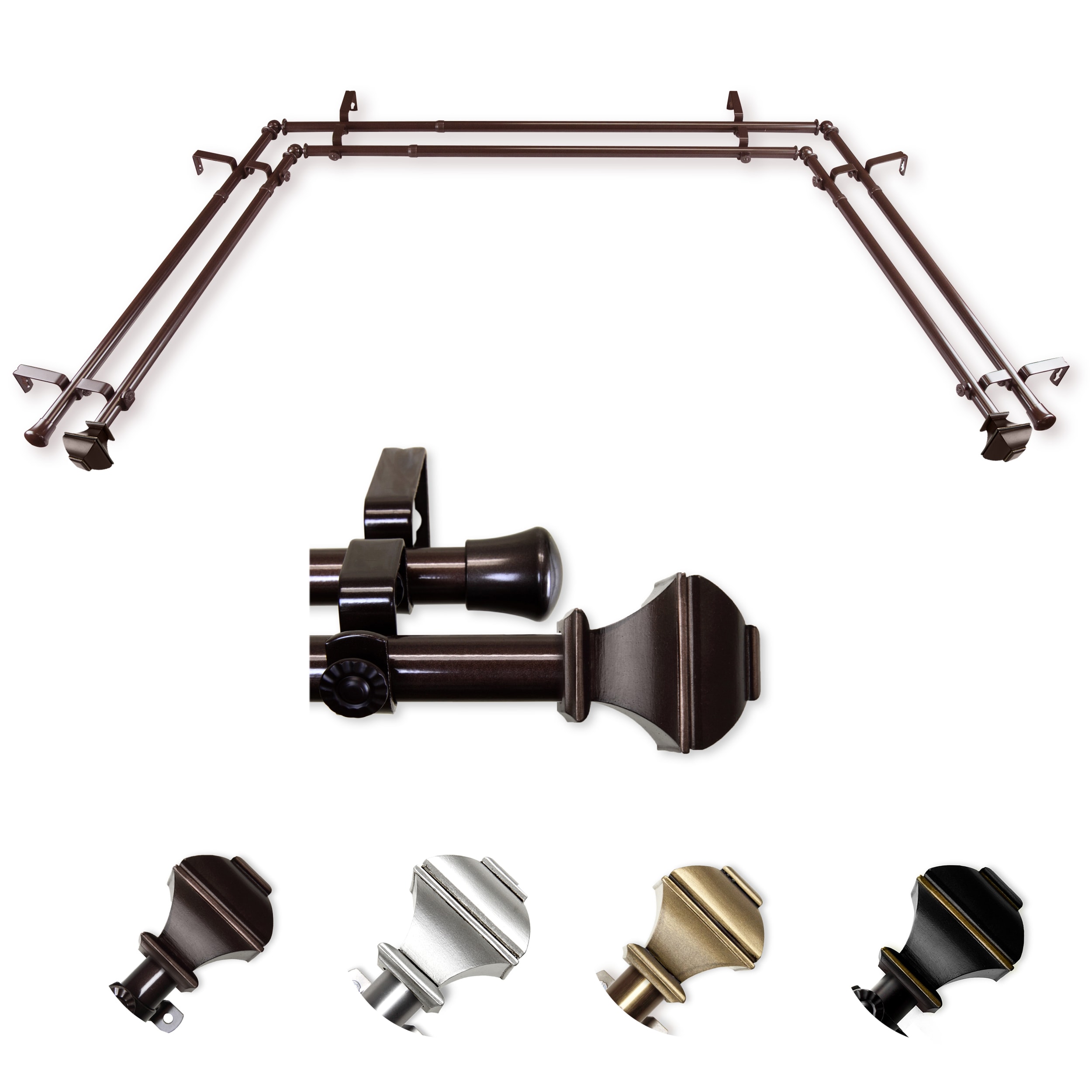 Hart & Harlow LO-ABAY-82-7D 72-in to 144-in Cocoa Steel Bay window curtain rod with Finials