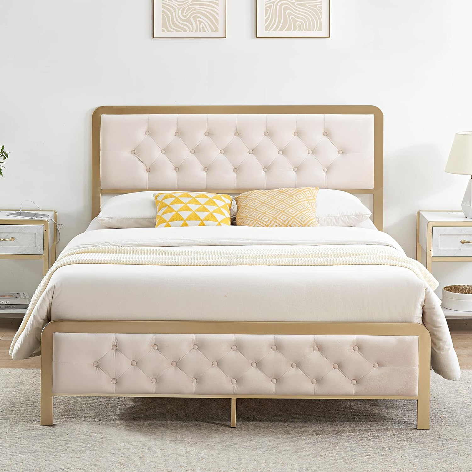 Qeetex LHF-BED-PHO-0WRAIZLS Full Size Bed Frame Velvet Upholstered Platform Bed with Button Tufted Headboard Heavy Duty Metal Mattress Foundation and Metal Slats No Box Spring Rquired Beige