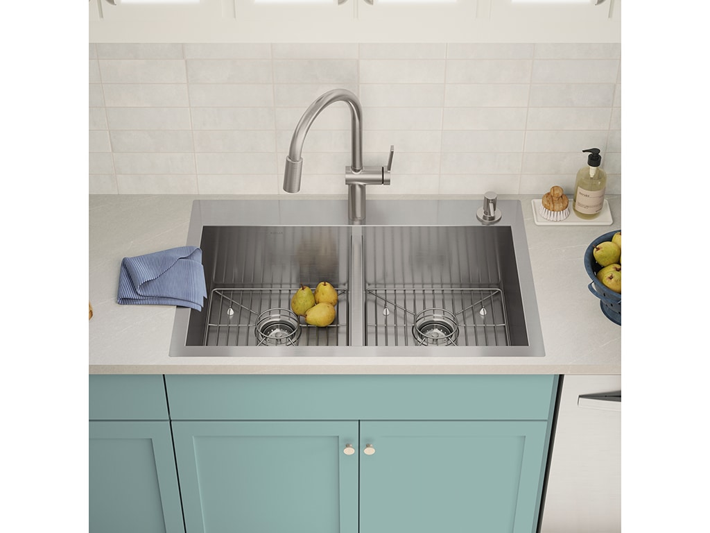 KOHLER Decree Dual-mount 33-in x 22-in Stainless Steel Double Equal Bowl  2-Hole Kitchen Sink in the Kitchen Sinks department at