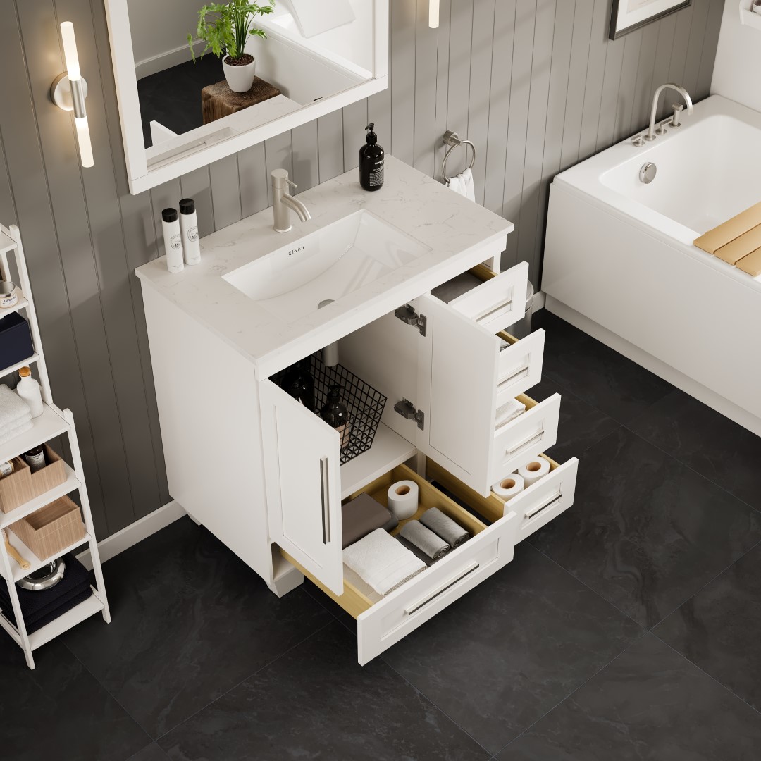 Eviva 30" White Wood Bathroom Vanity with Carrara Marble Top