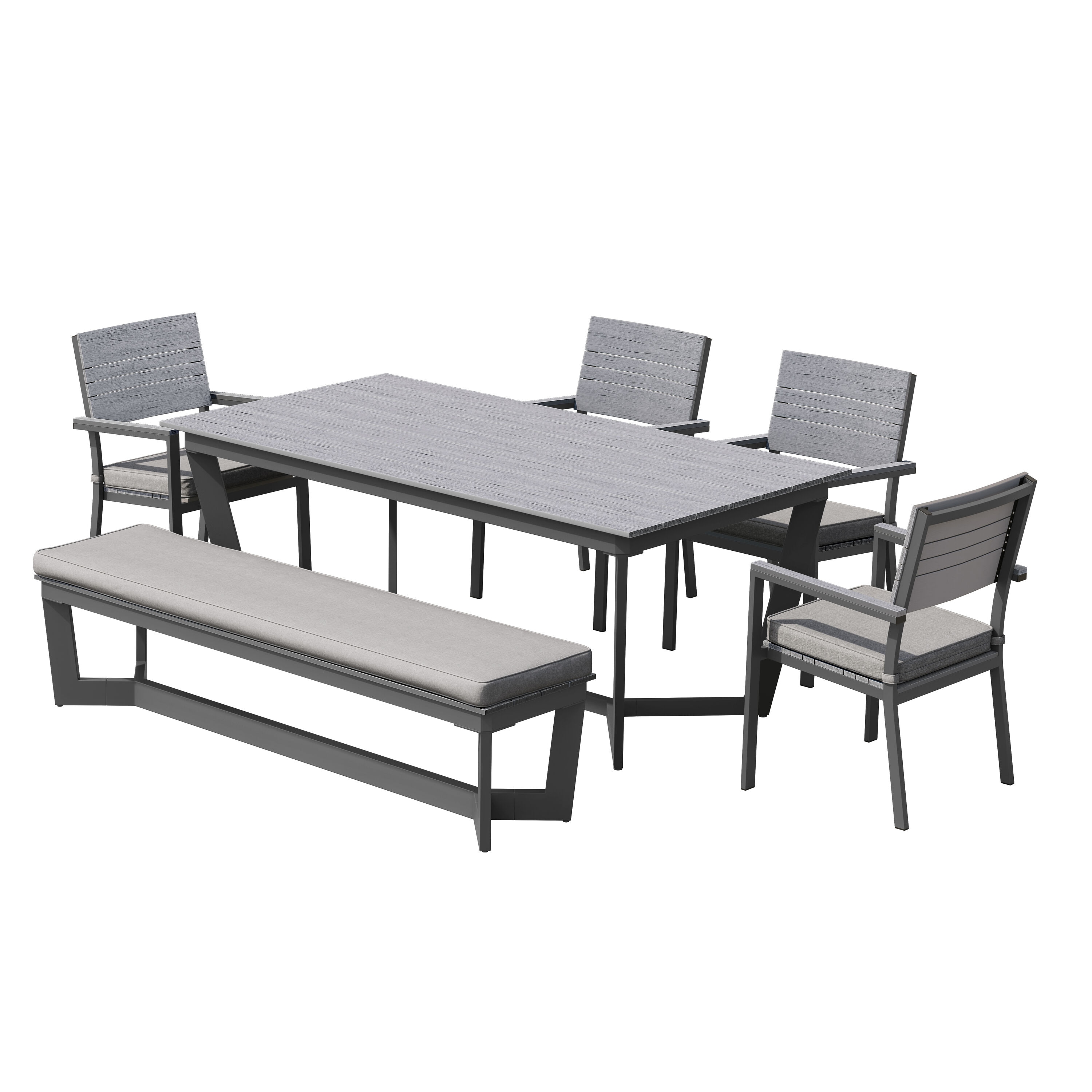 Octans SL2C00043 Penelope 6 -Piece Black Patio Dining Set Aluminum Rectangle Table with 4 Gray Cushions Stationary Chairs
