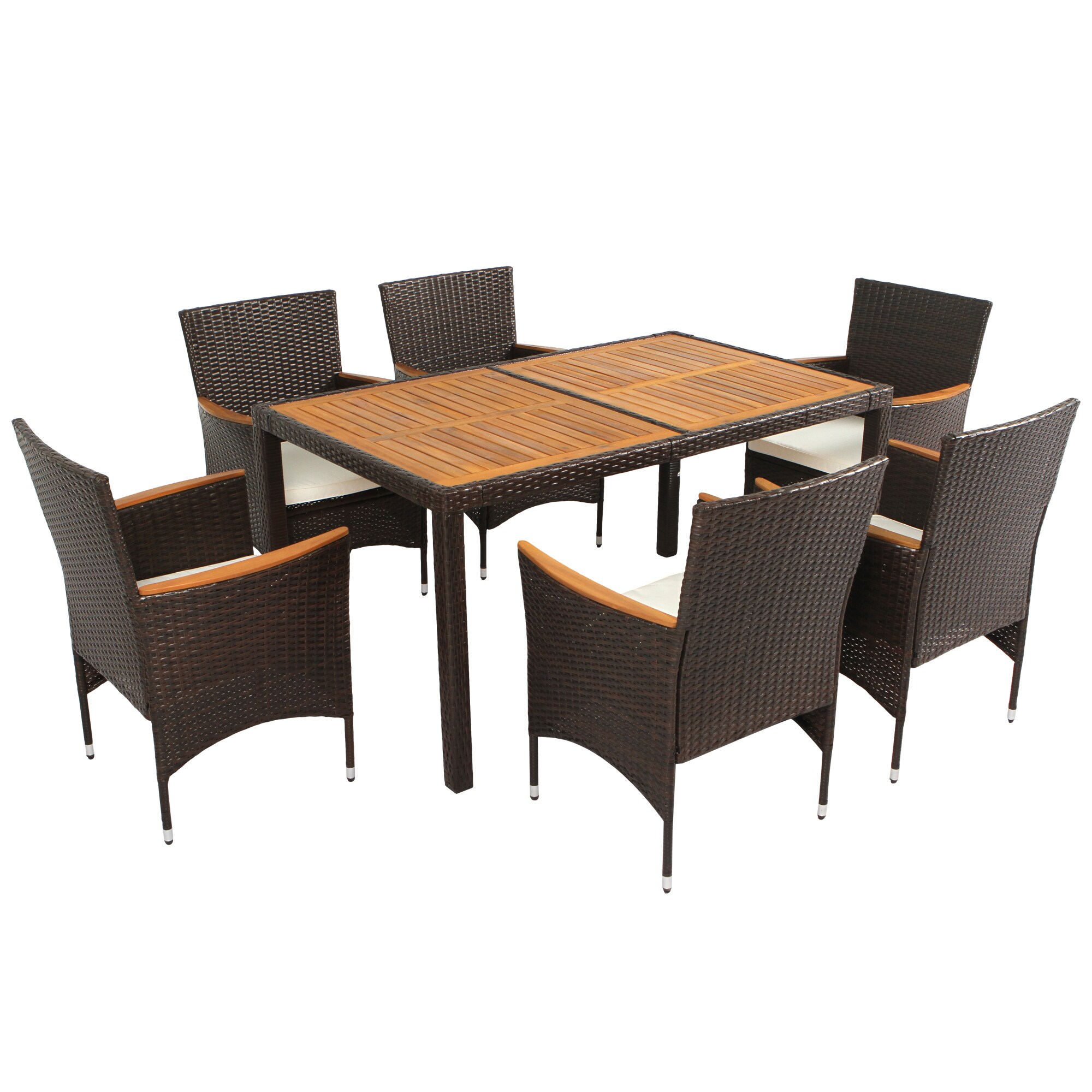 Brown Acacia Wood and Wicker Patio Dining Set with Cushions