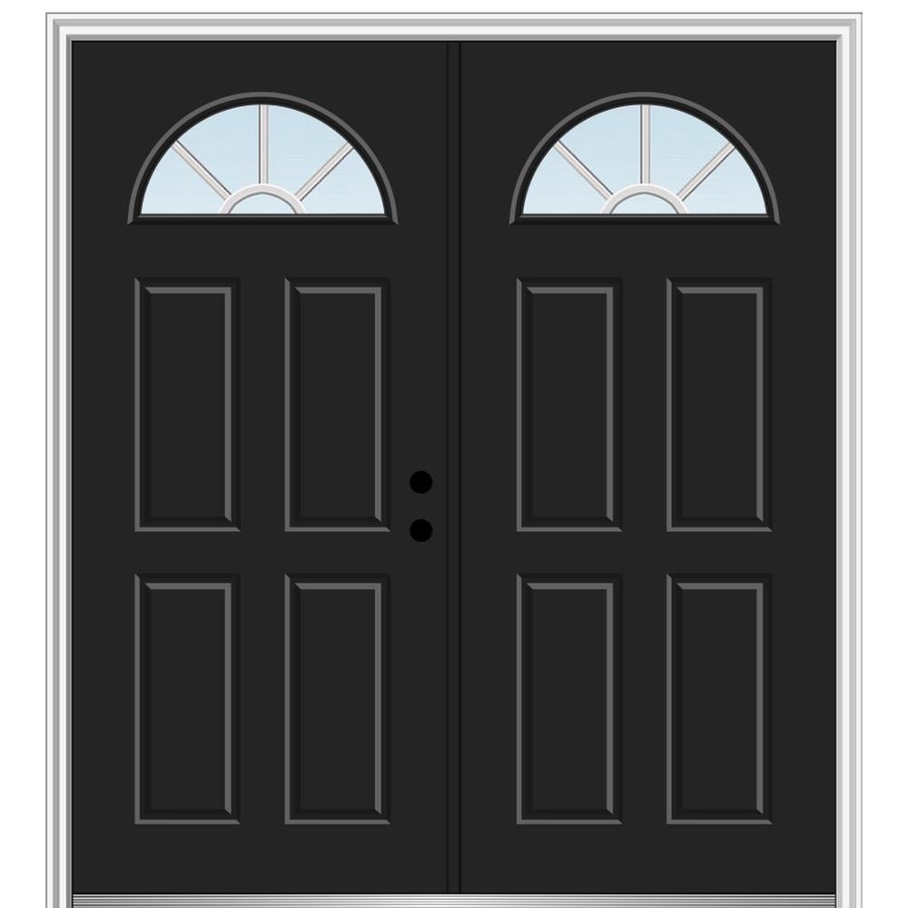 MMI DOOR ZZ13414L 64-in x 80-in x 4-9/16-in Fiberglass 1/4 lite Left-hand inswing Black Painted Prehung Double Front Door with Brickmould Insulating core with Grilles