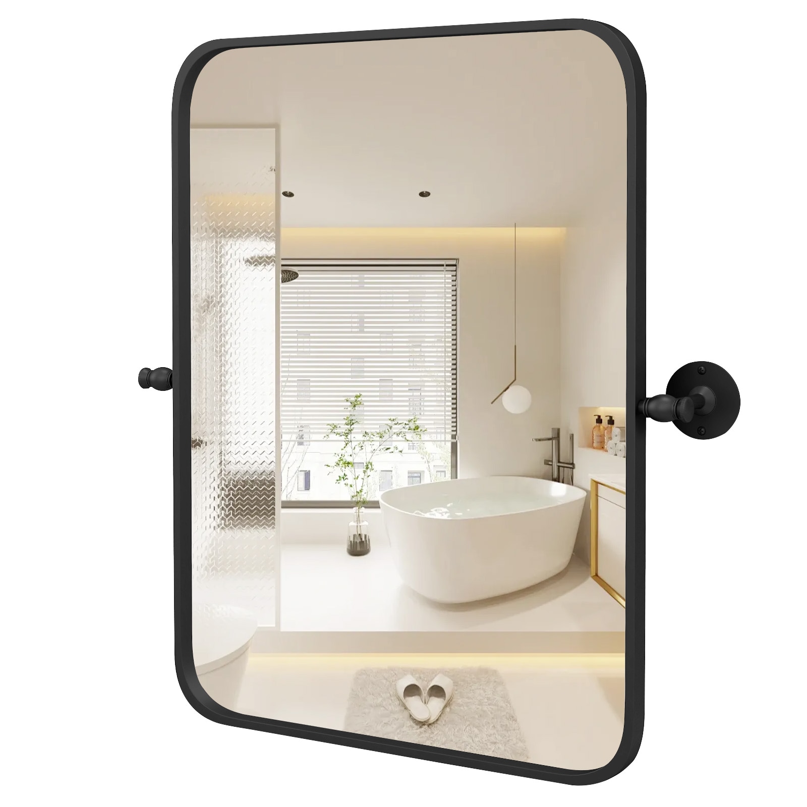 SUGIFT 30 x 22-in Black Metal Framed Pivot Rectangle Wall-Mounted Mirror - Shatterproof Silver Glass Tilting Bathroom Mirror