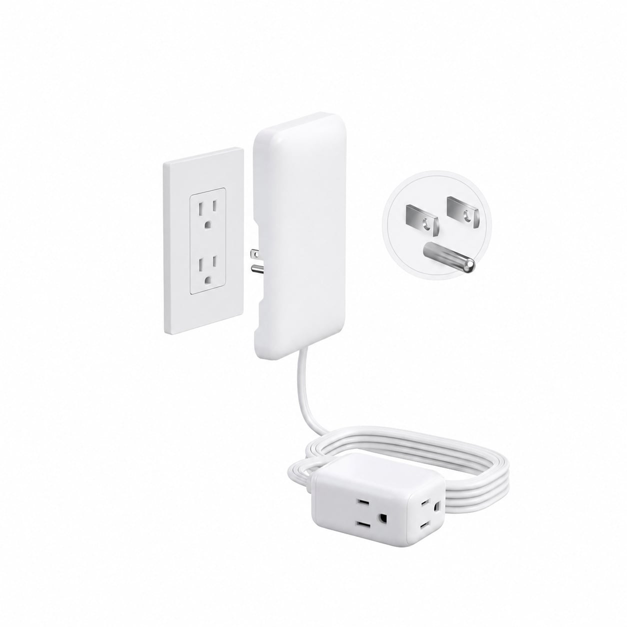 Phyfalip  10FT Flat Extension Cord with Outlet Cover 3 Outlet Power Strip 900J Surge Protector ETL Listed White Slim Cord Conceals Wall Outlets