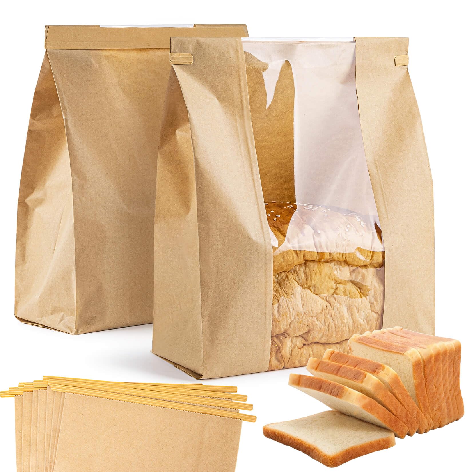 KIWDZFU  24 pcs Bread Storage Bags with Window and Reusable Ties Brown Kraft Paper Bags for Homemade Sourdough Loaf Toast Bagels Bakery Goods