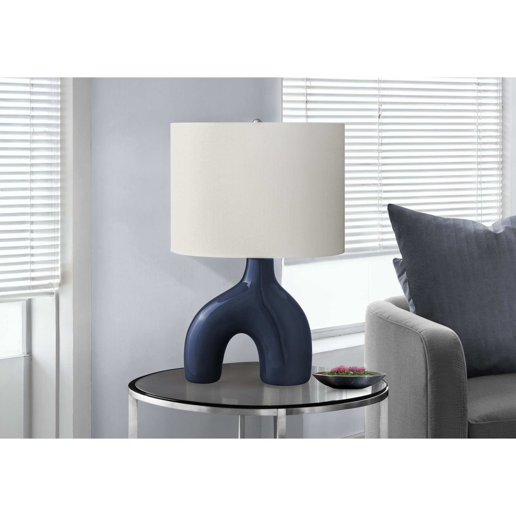 HyperDrop Cart 25-in Blue Ceramic Table Lamp with Cream Linen Shade for Modern Living Room