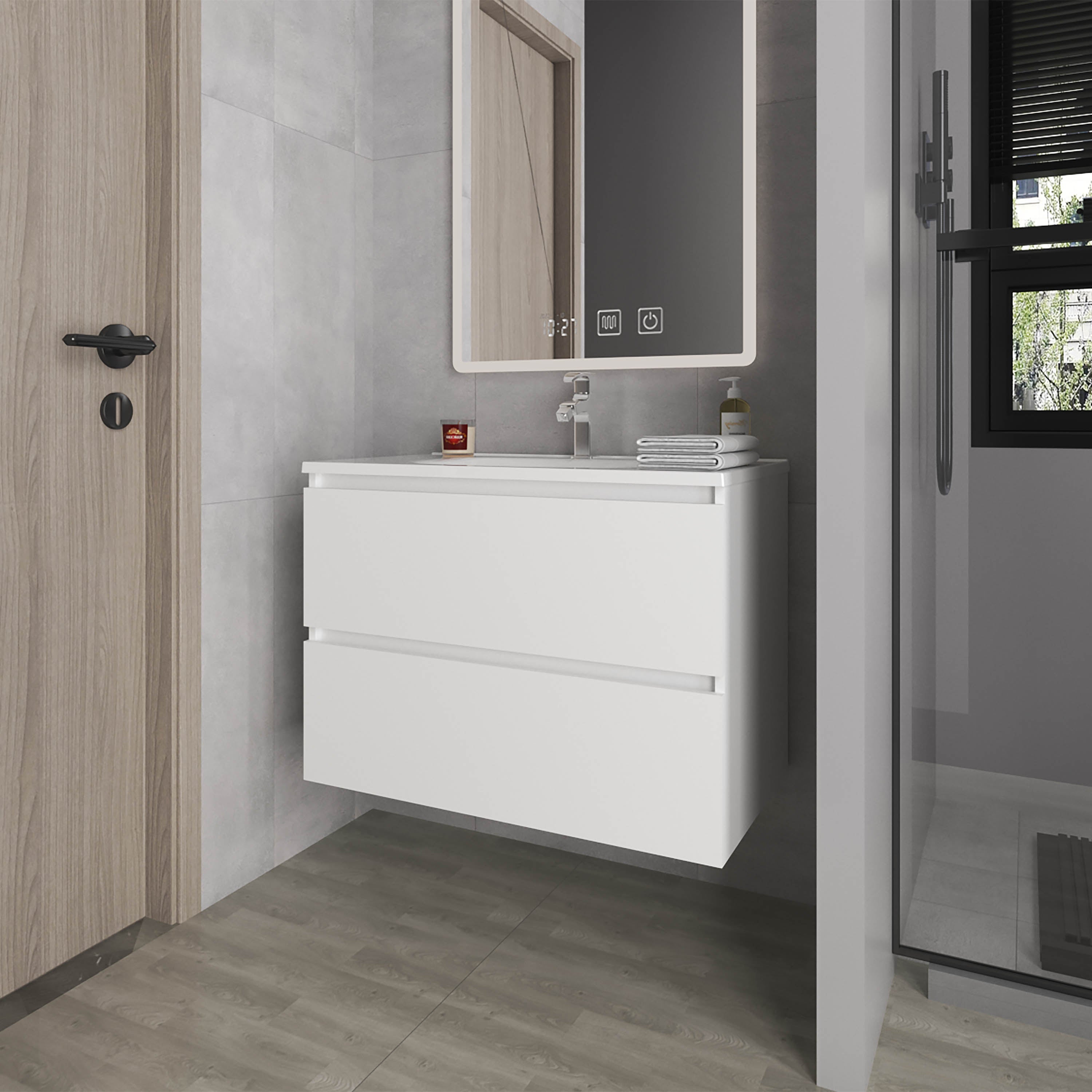 Tinyhomie White Floating Bathroom Vanity Two Drawers Integrated Sink Modern Wall Mounted Design