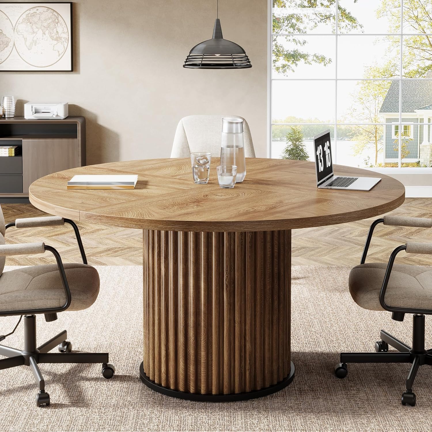 Tribesigns Brown 4 person Round Conference Table 47.2 W x 29.9 H with Sturdy MDF and Metal Base