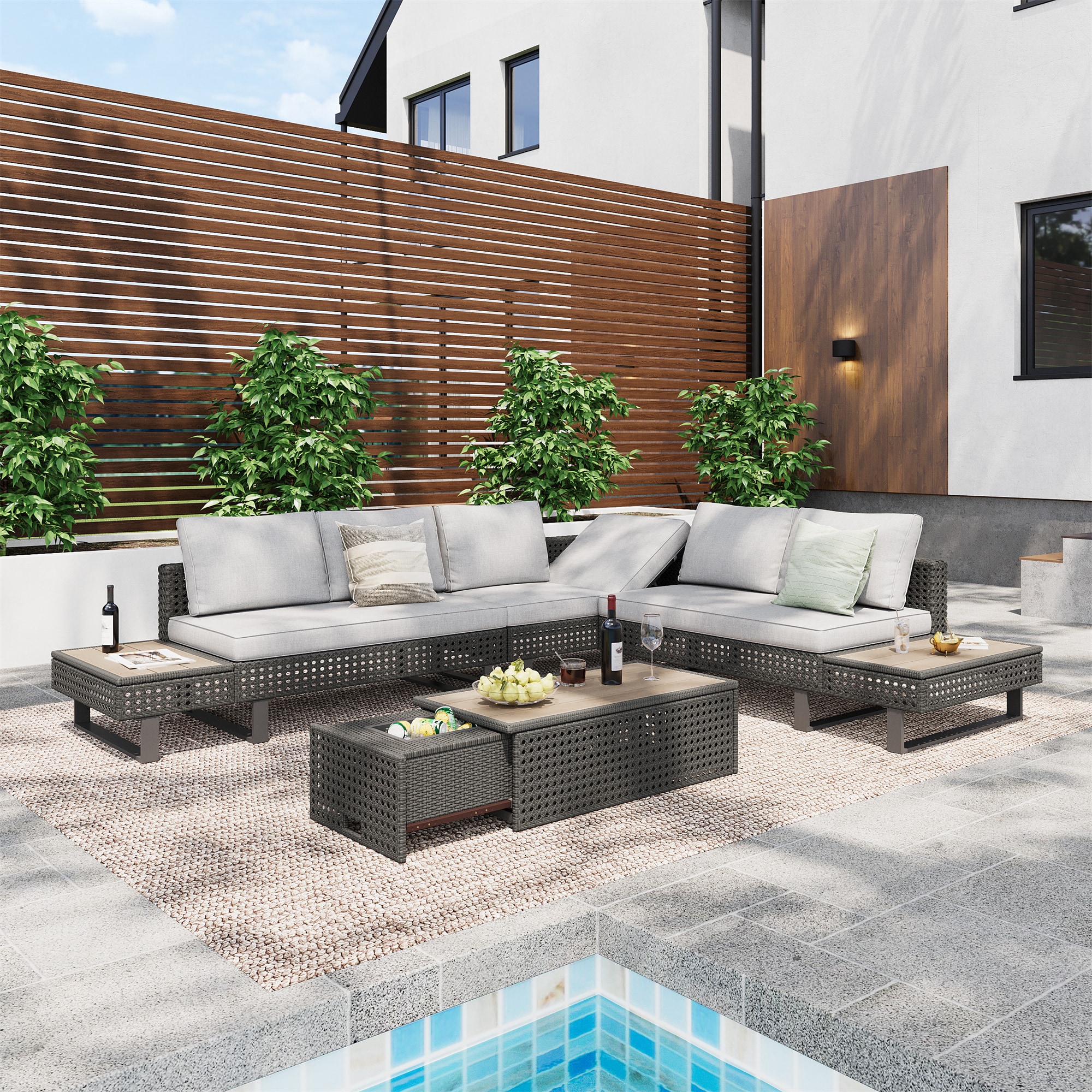 BABOOM BOM-000013G-OR Patio Sectional Furniture Set 4 -Piece Wicker 3 Patio Sofa Conversation Set with Gray Cationic Dyed Microfiber 180 GSM Cushions