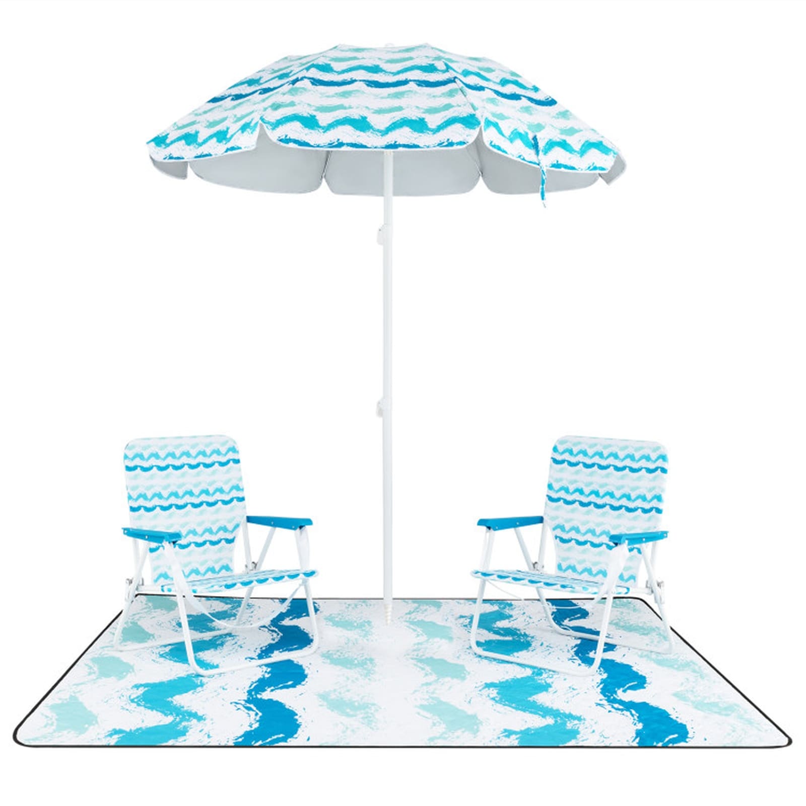 SUGIFT - 6.2-ft Beach Umbrella Set with 2 Folding 600D Oxford Beach Chairs and 80-in x 80-in Picn...
