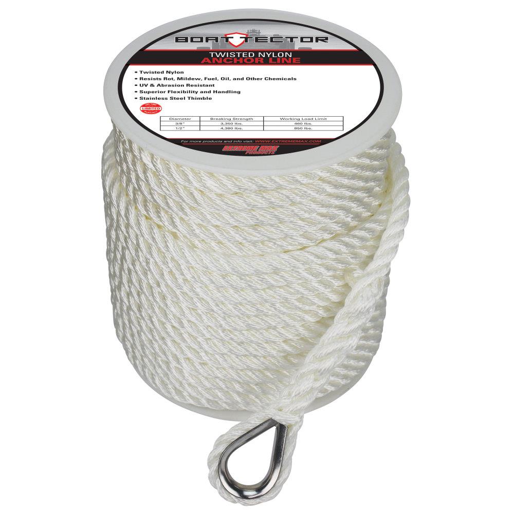 Extreme Max BoatTector Twisted Nylon Anchor Line with Thimble- 1/2-in x  150-ft, White at