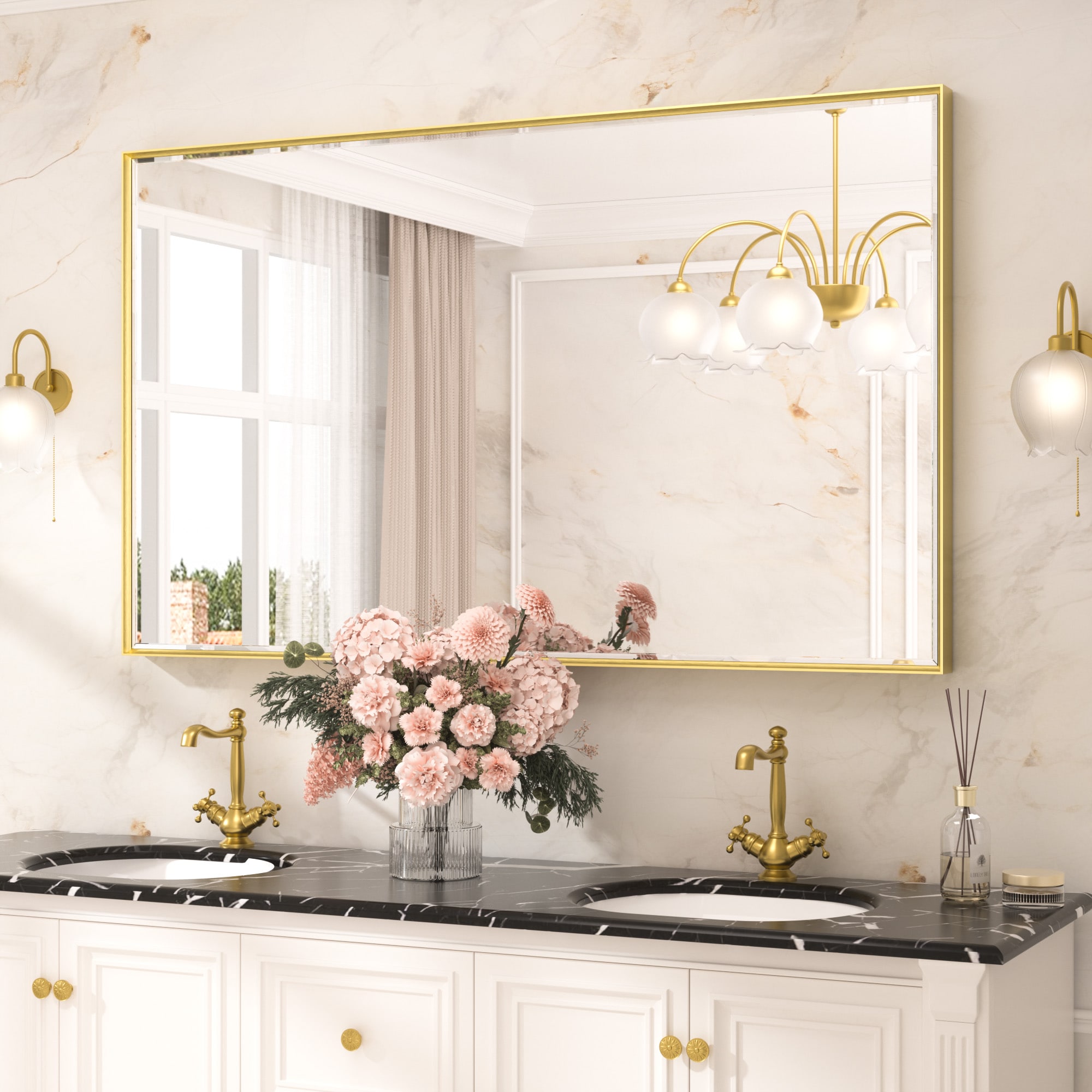 TETOTE 60x36 Inch Brushed Gold Beveled Bathroom Vanity Mirror Metal Framed Over Sink Wall Mirror Horizontal/Vertical