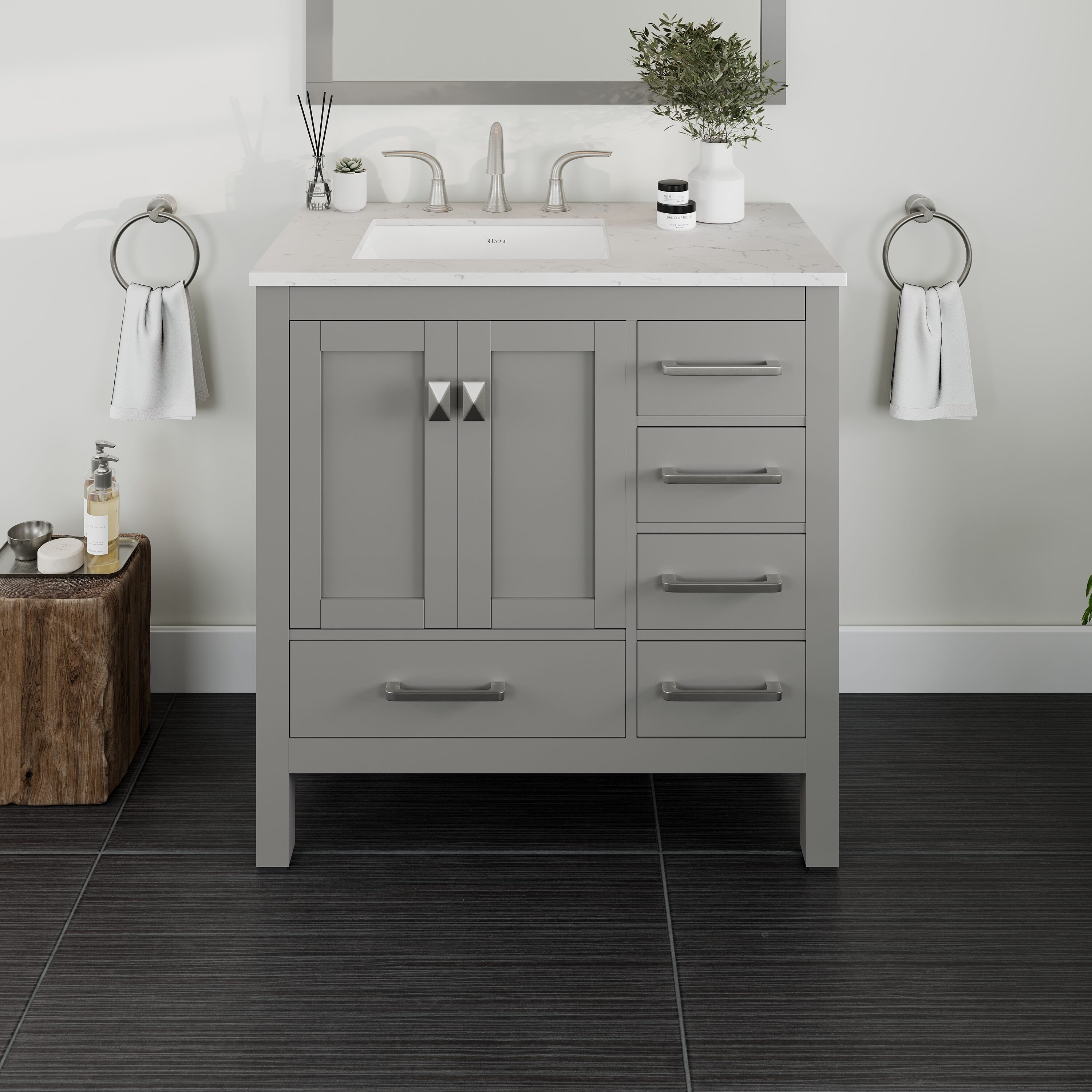 Eviva EVVN412-36GR Aberdeen 36-in Gray Undermount Single sink Bathroom Vanity with White Quartz Top