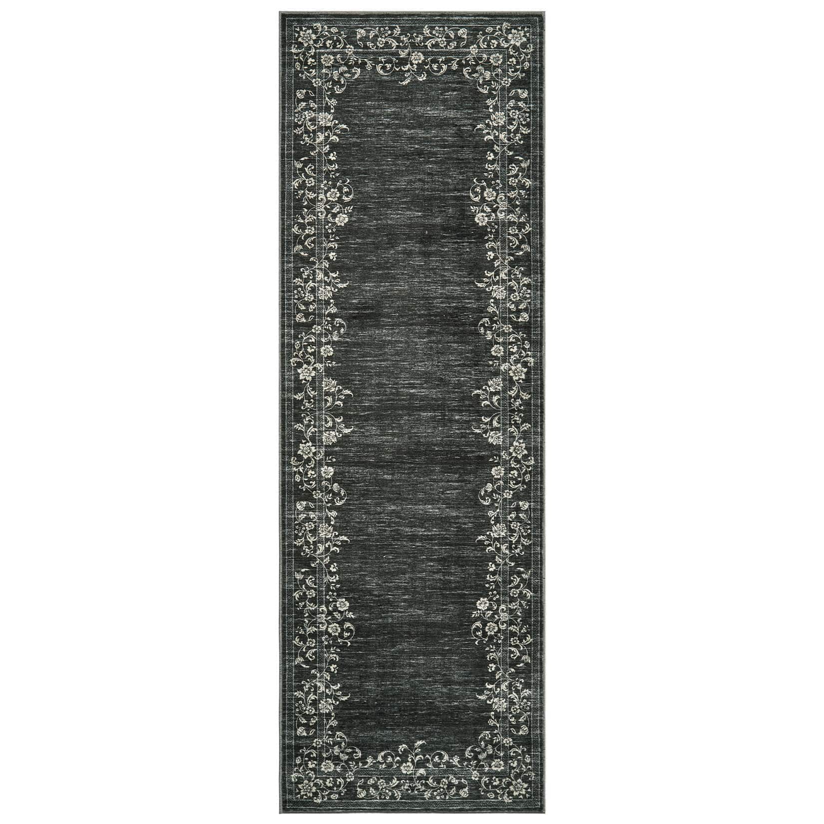 Qeetex LSN-PHK-33MC7F3D 2 x 6 ft Polyester Cashmere Imitation Black Rectangular Hallway Bathroom Entryway Kitchen Office Foldable Flower Printed Modern Washable Area Rug