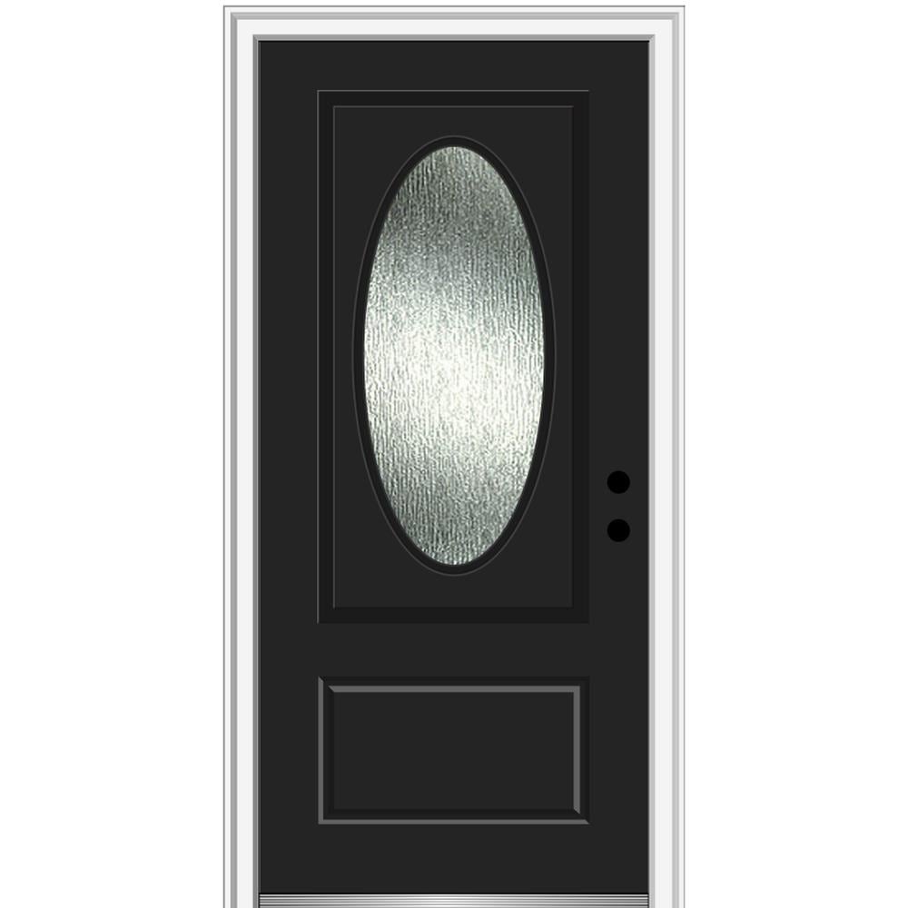 MMI DOOR ZZ367891L Rainglass 36-in x 80-in Fiberglass Oval Lite Left-Hand Inswing Black Painted Prehung Front Door with Brickmould Solid Core