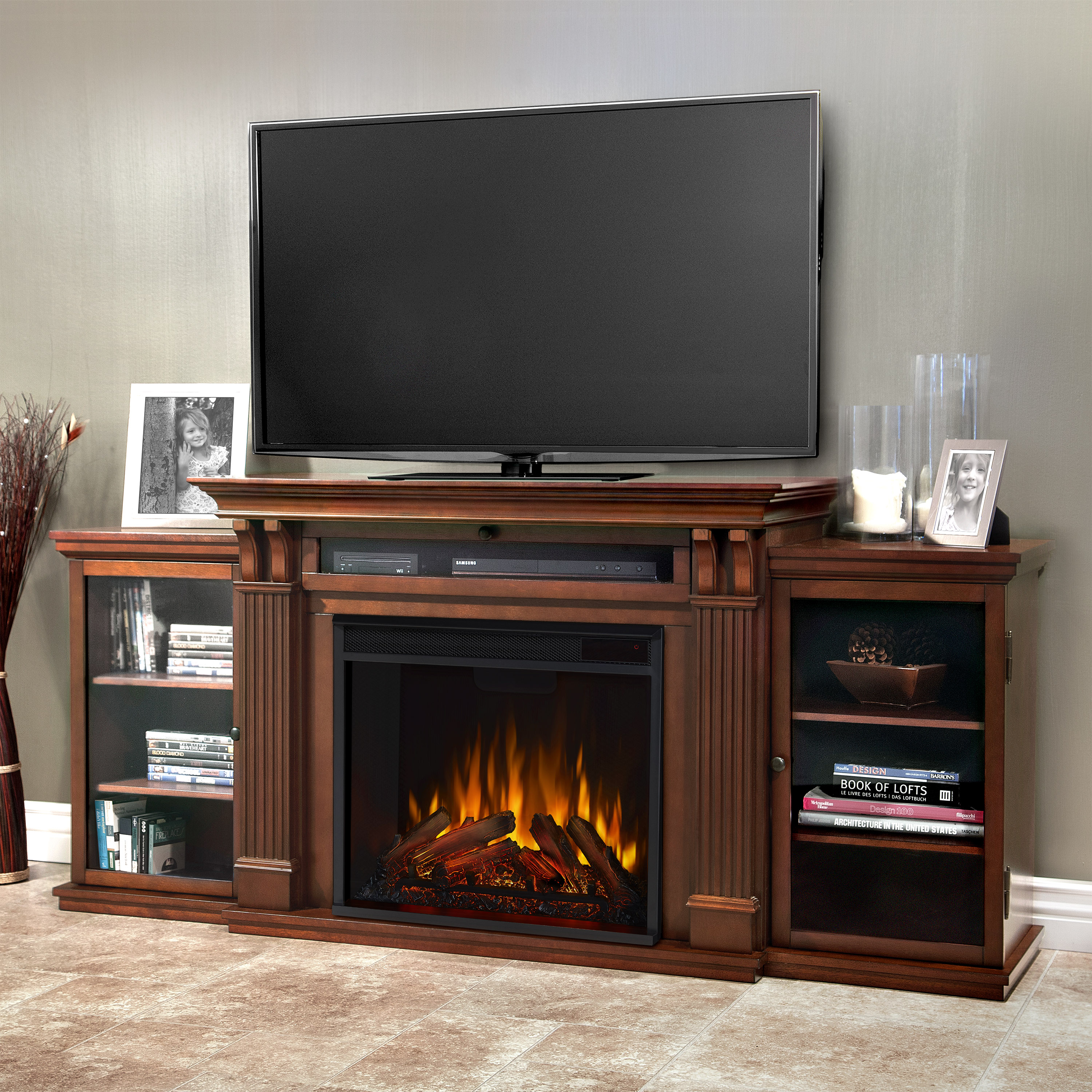 Real Flame 7720E-DE 67-in W Dark Espresso TV Stand with Fan-forced Flat wall Electric Fireplace with Remote Control Included