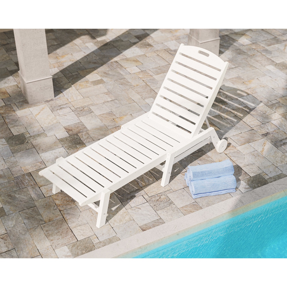 POLYWOOD NAW2280WH Nautical Stackable White HDPE Frame Stationary Chaise Lounge Chair with Slat Seat