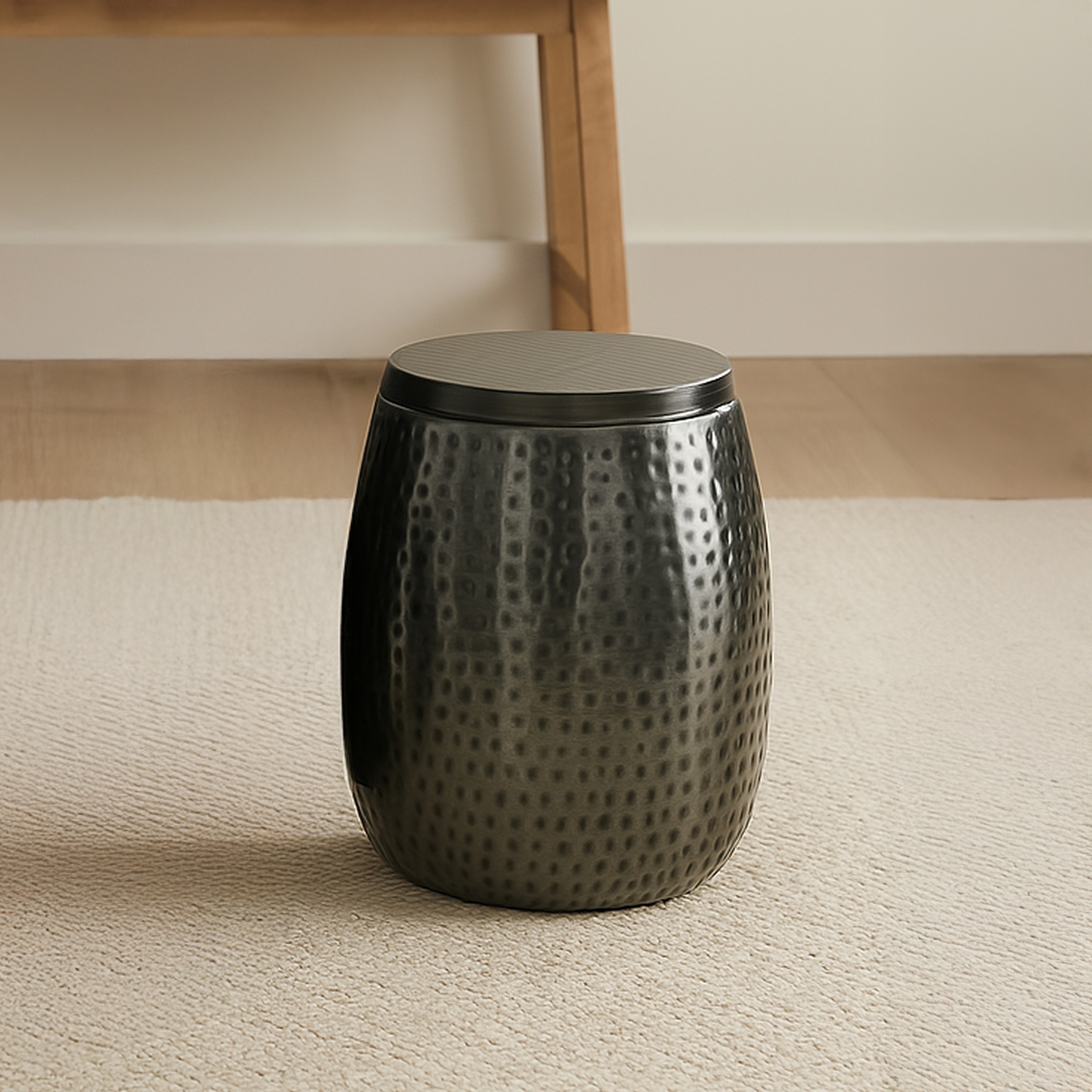 happimess SSL2001B Merida Rustic Hammered with Lid 12-in W x 15-in H Antique Nickel Metal Round Industrial End Table with Storage