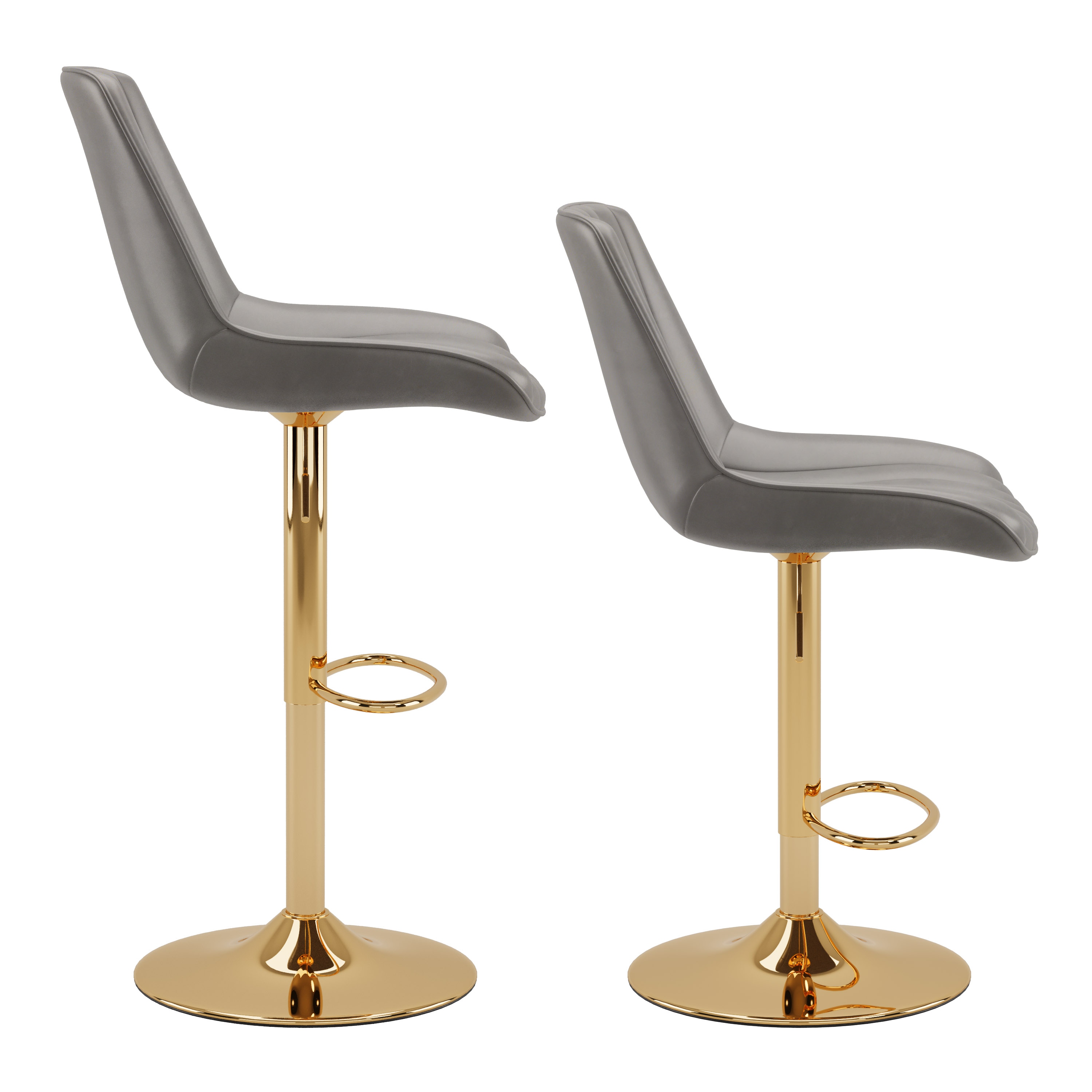 Adjustable Grey Vegan Leather Swivel Bar Stools with Gold Base - Set of 2