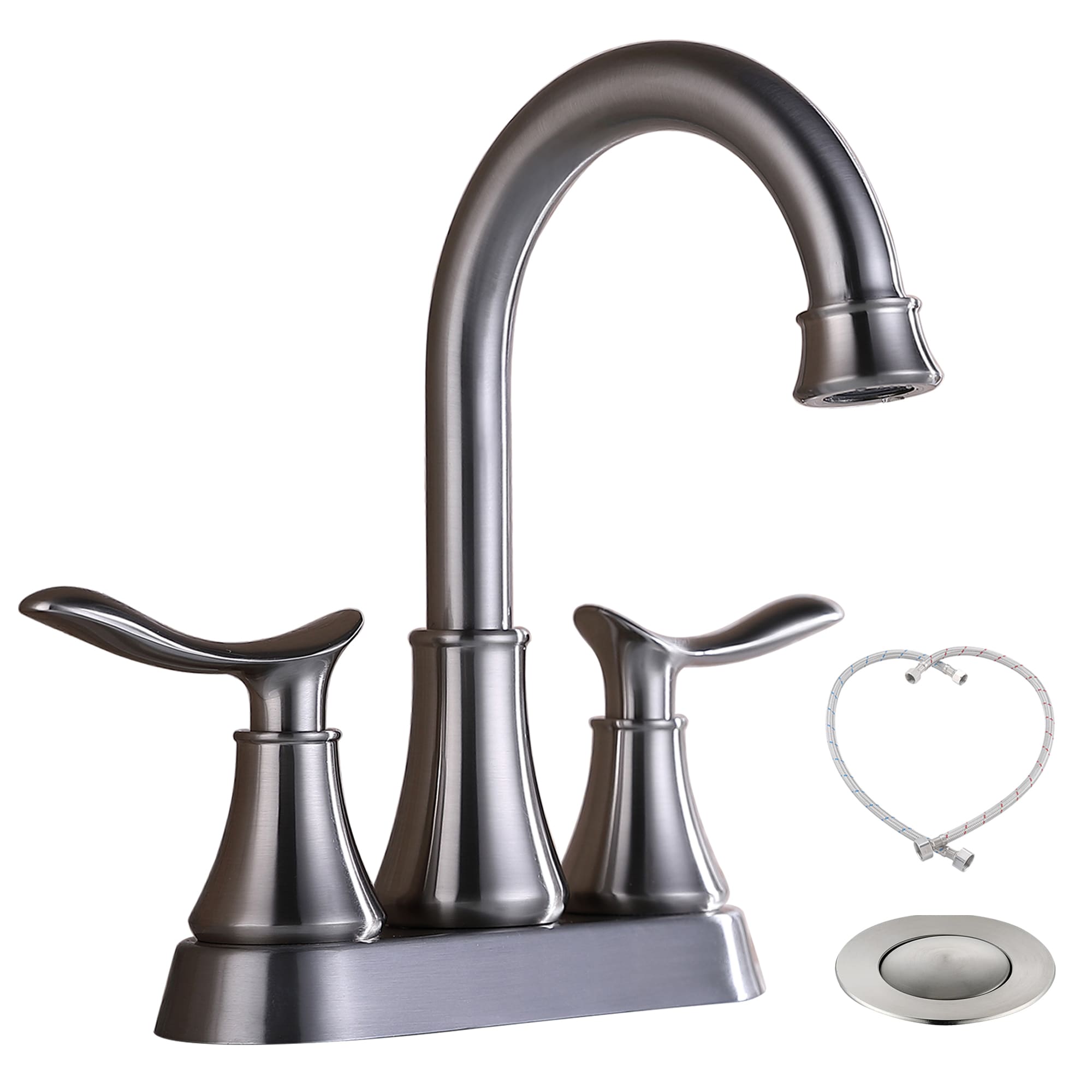WELLFOR ZQ4009NP Brushed Nickel 4-in centerset 2-handle High-arc Residential Handle Bathroom Sink Faucet with Drain