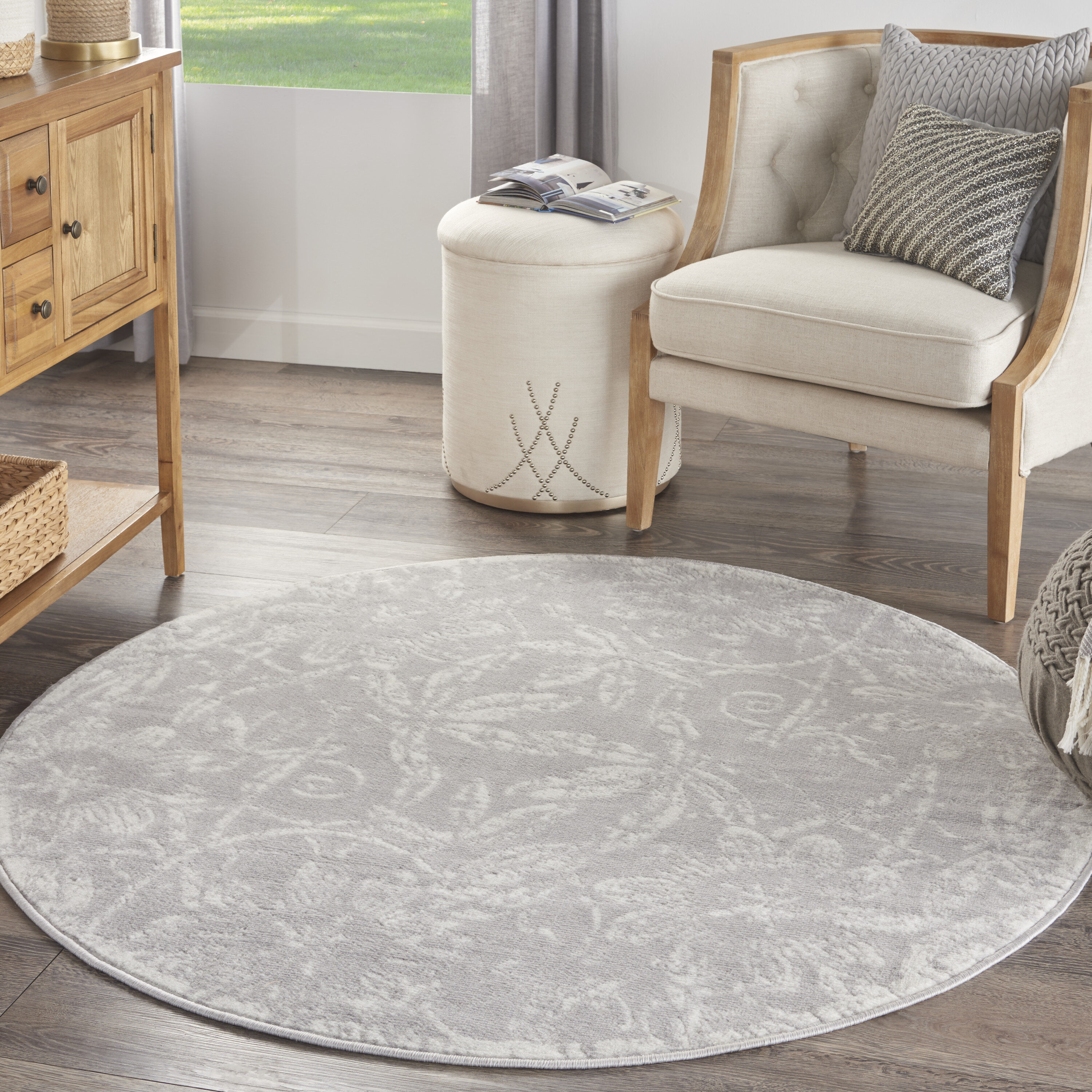 Nourison 99446832085 Whimsicle 5 x 5 (ft) Loomed Polypropylene Grey Round Indoor Floral/Botanical Area rug