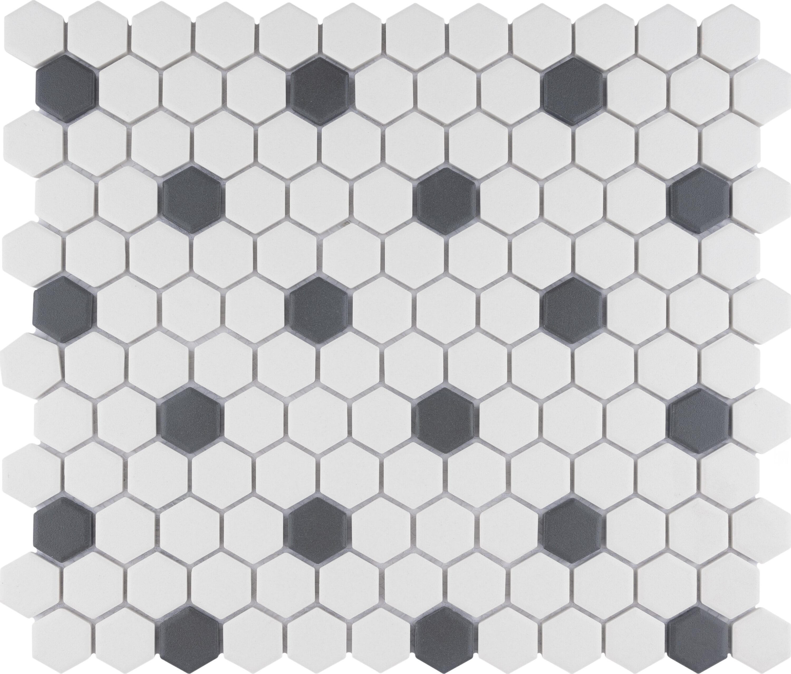 Affinity Tile FXLGHWD Gotham 1 in Hex White with Black Dot 10-in x 12-in Matte Porcelain Stone Look Hexagon Mosaic Floor and Wall Tile (8.6-sq. ft/ Carton)