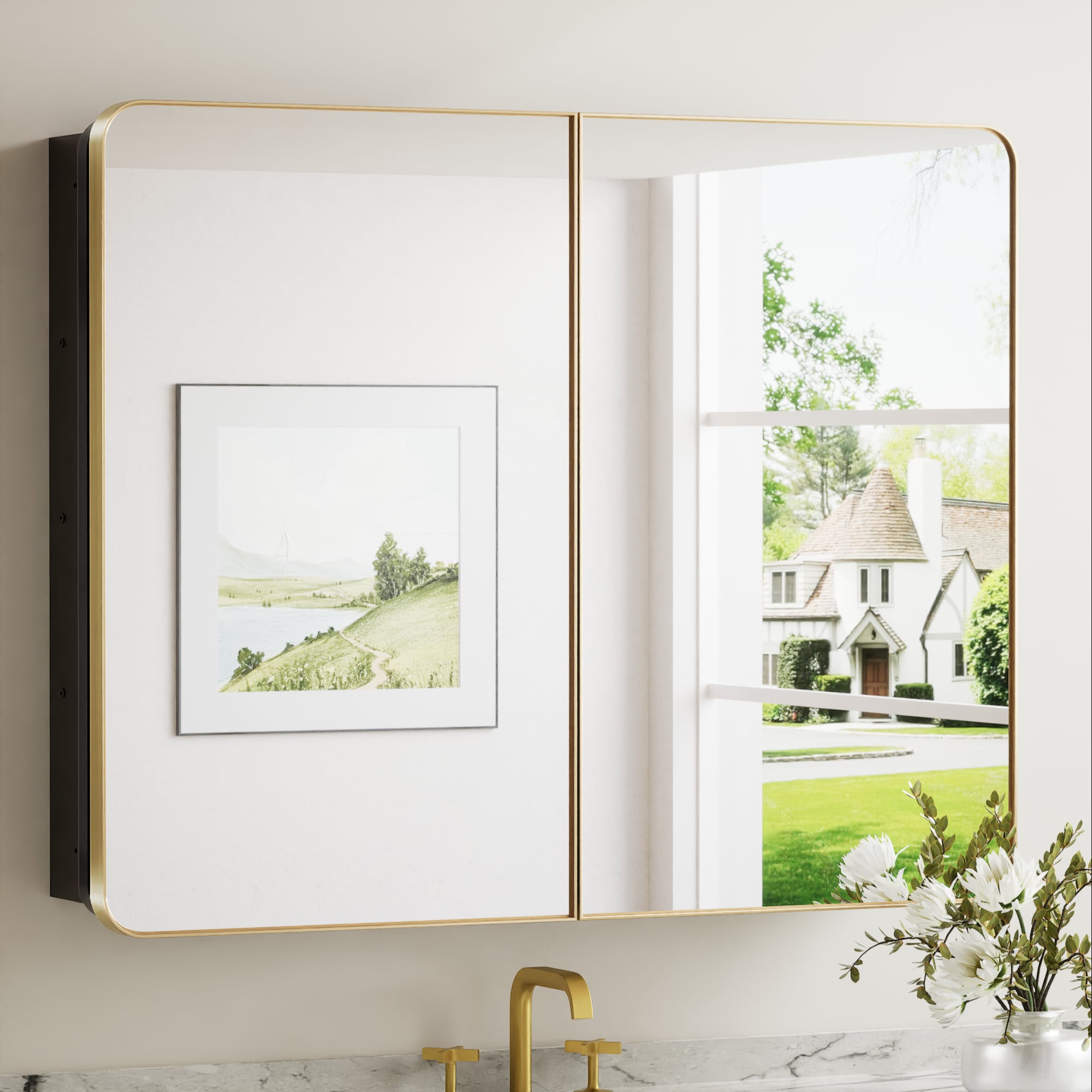 Keonjinn LW-JSKJG-YJ-10181GD 40-in x 32-in Surface/Recessed Mount Gold Mirrored Rectangle Soft Close Medicine Cabinet