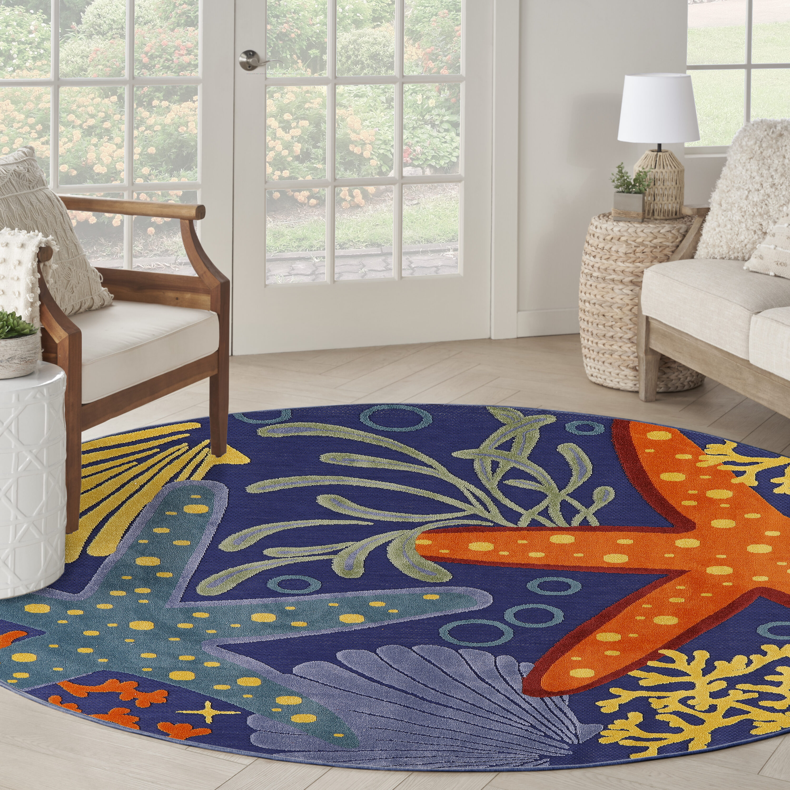 Nourison Home 099446920898 Aloha 5 x 5 (ft) Loomed Polypropylene Navy Multicolor Round Indoor/Outdoor Floral/Botanical Tropical Area rug