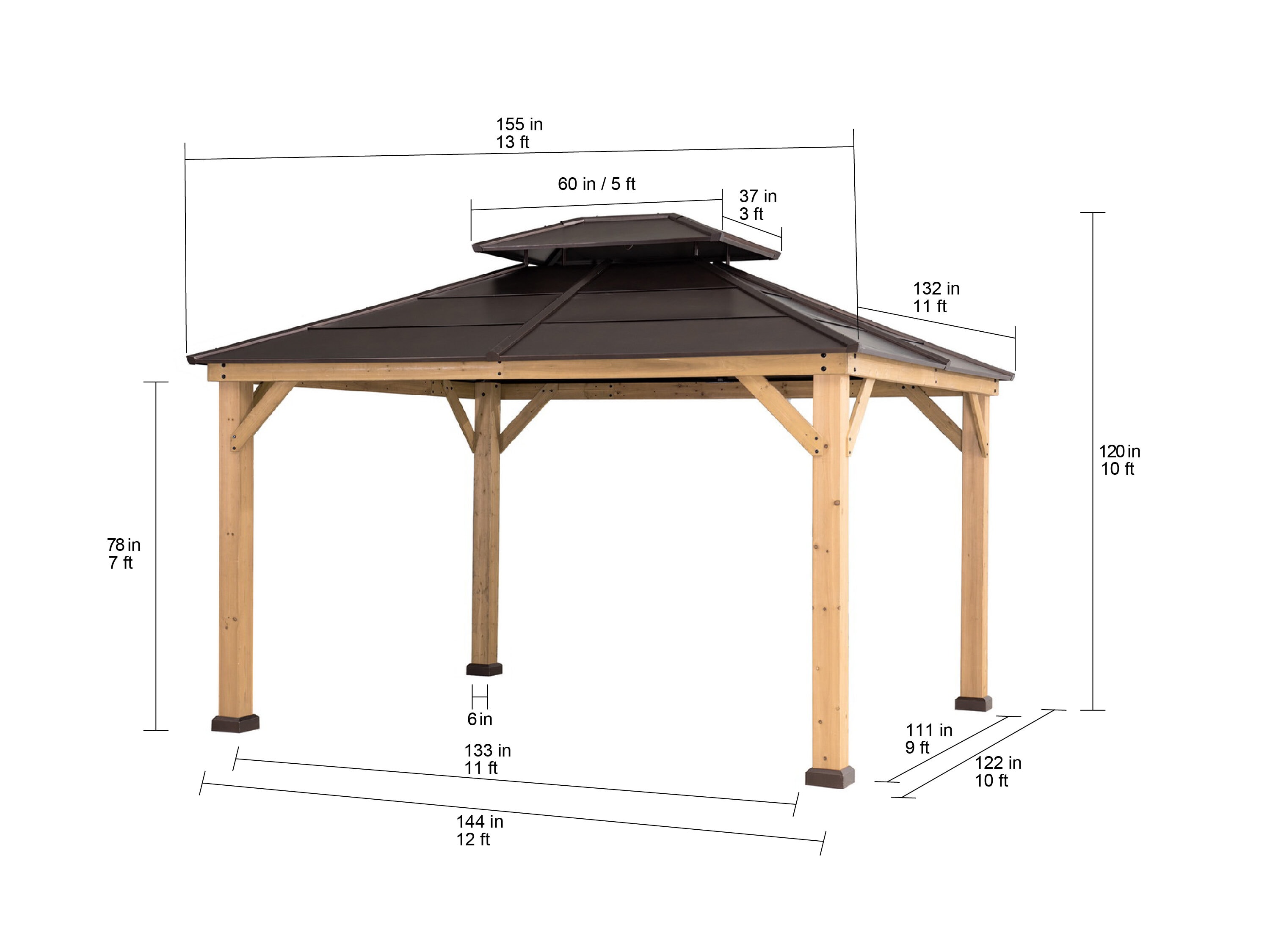 Sunjoy 12.88-ft X 10.98-ft Rectangle Cedar Wood Steel Roof Gazebo 