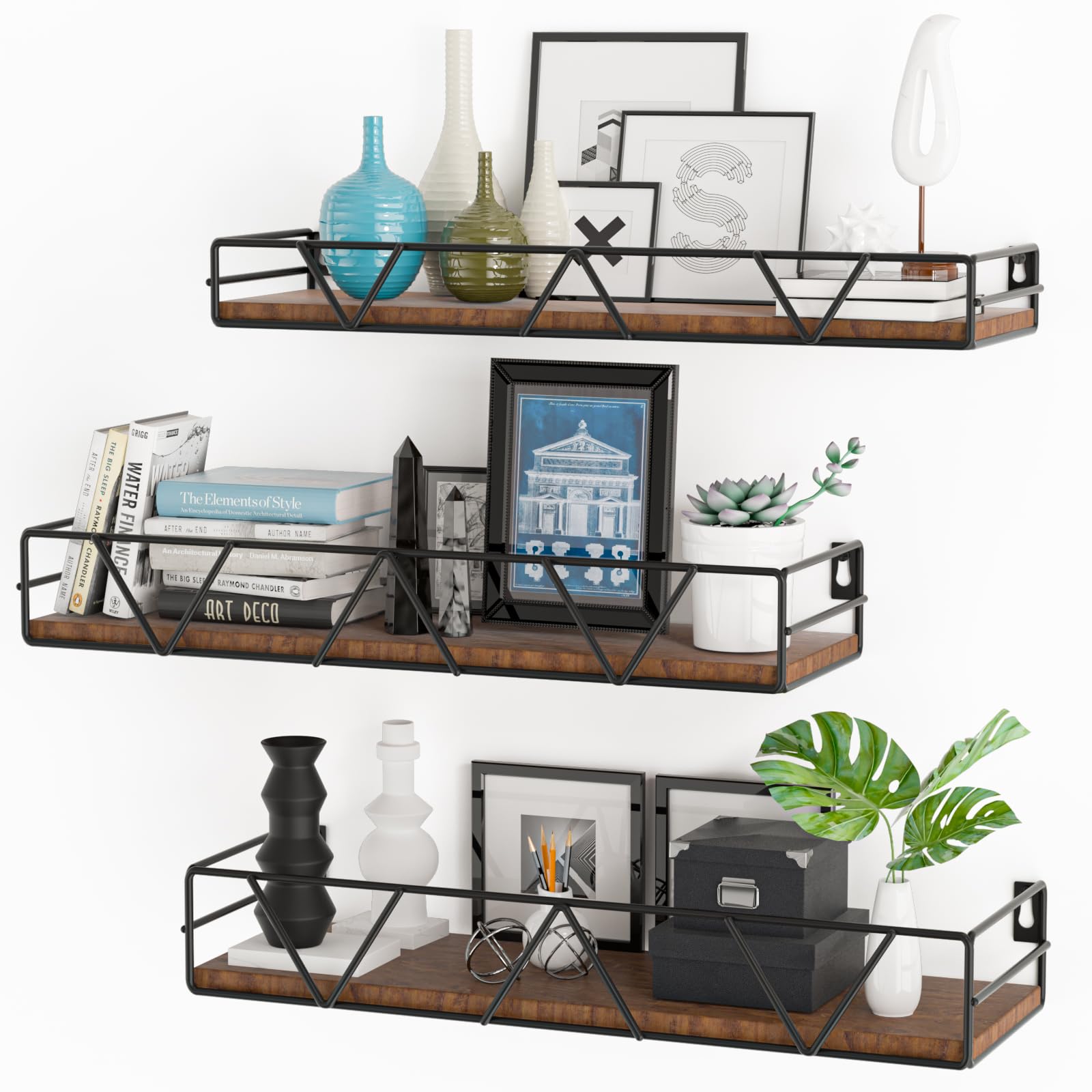 Phewnyzo  Floating Shelves Set of 3 Wood Wall Shelf with Metal Guardrail for Living Room Bedroom Bathroom Kitchen Office Easy Install