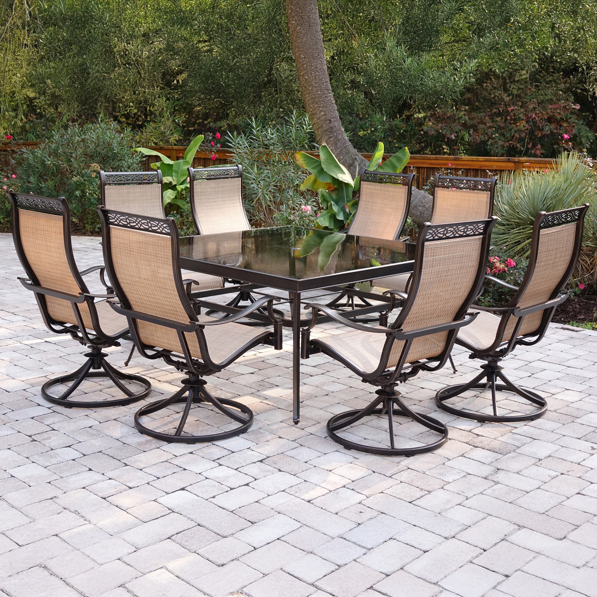 Hanover MONDN9PCSWSQG Monaco 9 -Piece Bronze Patio Dining Set Aluminum Square Table with 8 Tan Swivel Rocker Chairs