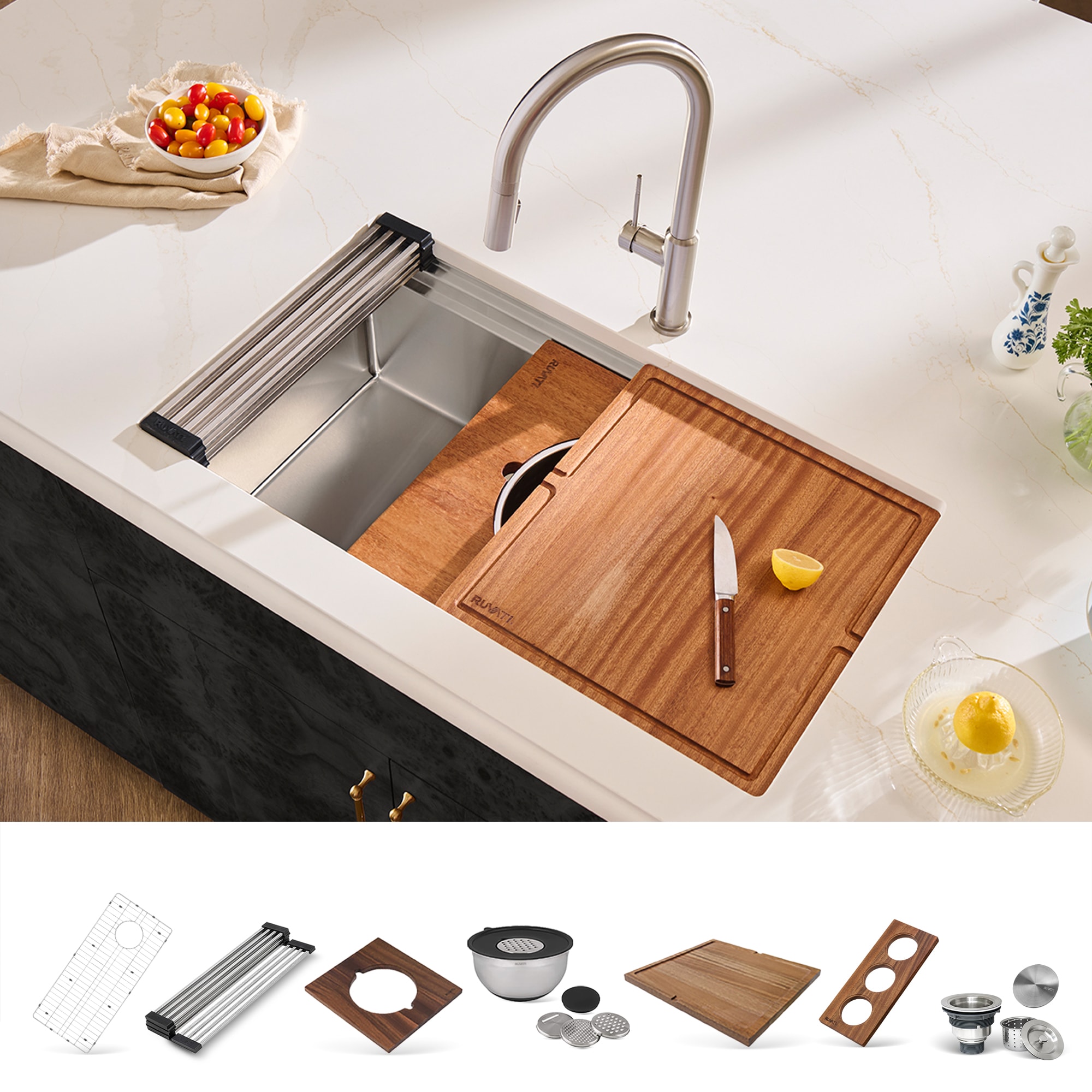 Ruvati RVH6222ST Dual-Tier Undermount 33.5-in x 19-in Stainless steel Single bowl 16 -Gauge Workstation Kitchen Sink