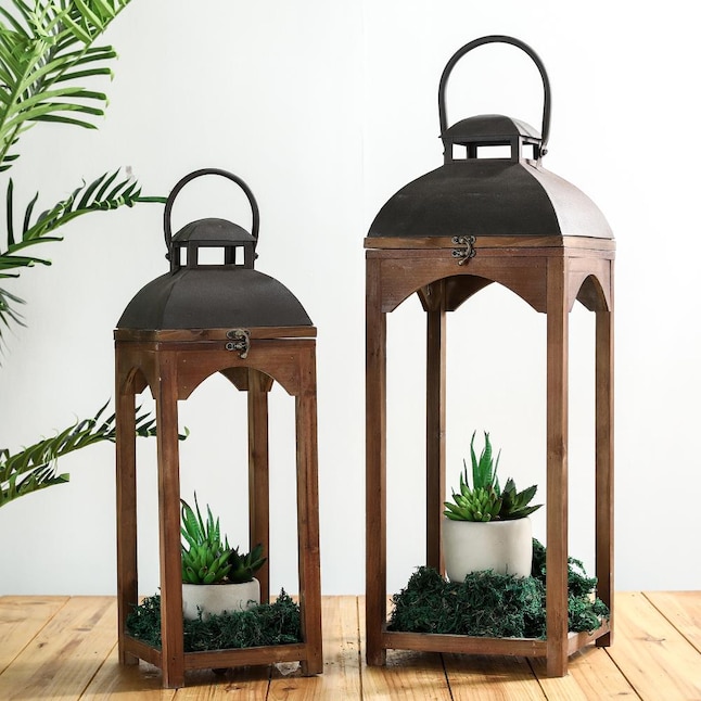 Glitzhome Rustic Brown Wood Lantern Candle Holder Set of 2, 24.8