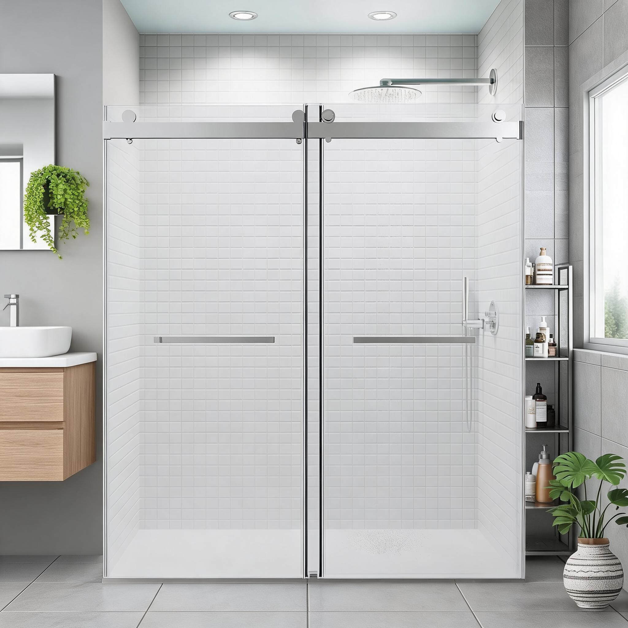 Watnature  Bathroom Shower Door Frameless Double Sliding Soft-Close 10mm Tempered Glass Brushed Nickel