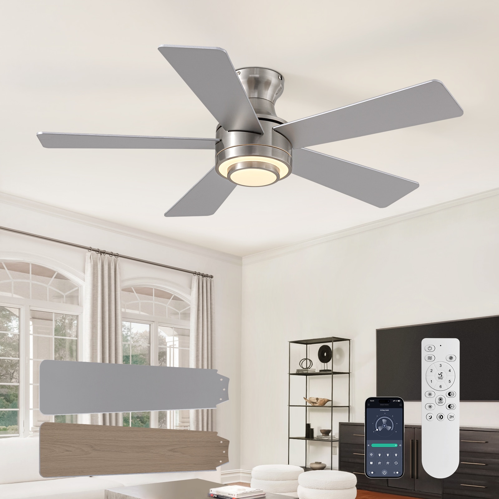 Liwidu  42 Inch Ceiling Fan with Lights Modern Chandelier Fan with Remote Control and APP Control 42 Inch Nickel Reversible Fandelier for Bedroom Dining Room Living Room
