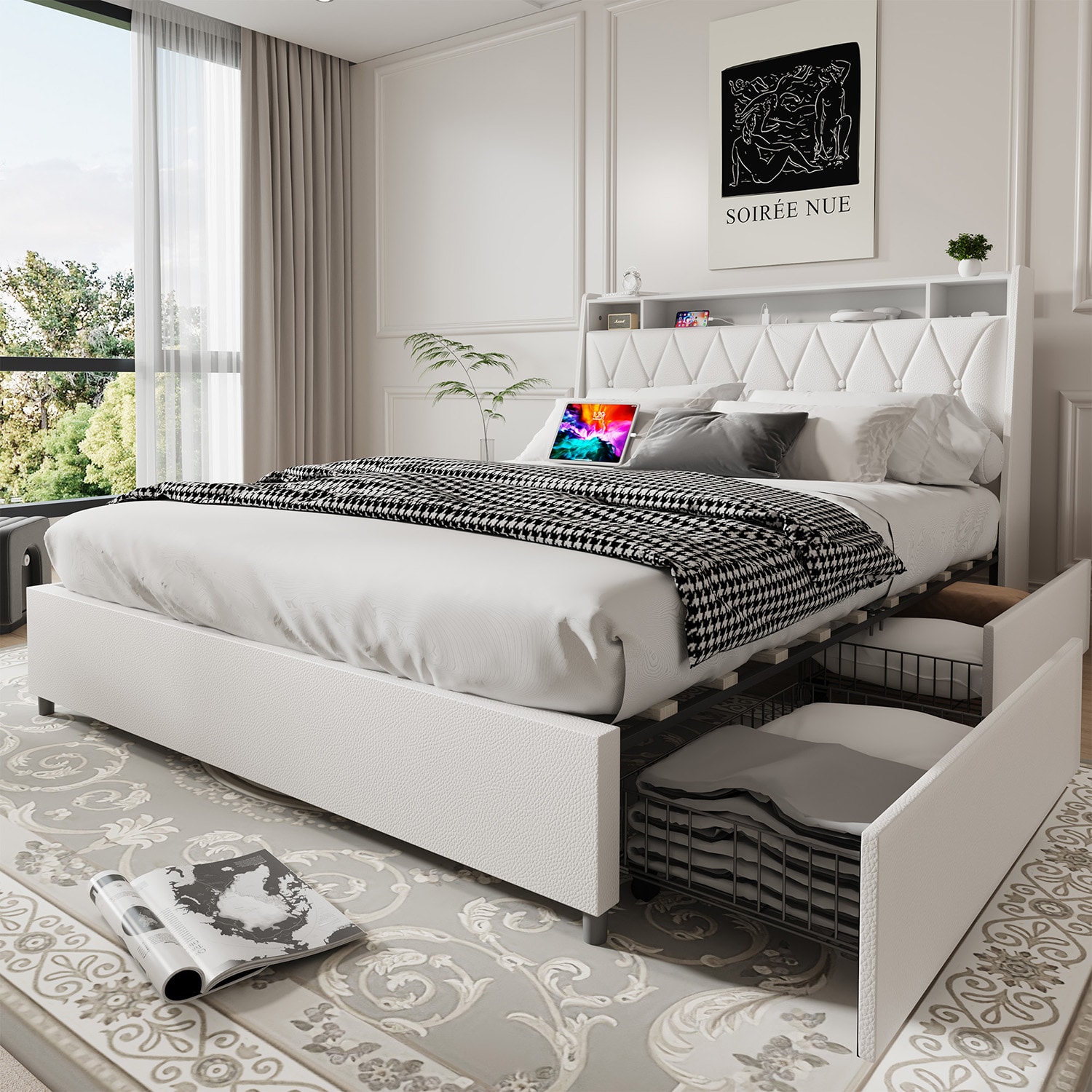【セール】 Bed Size Queen GZMR Frame White Headboard Ergonomic with ベッドフレーム