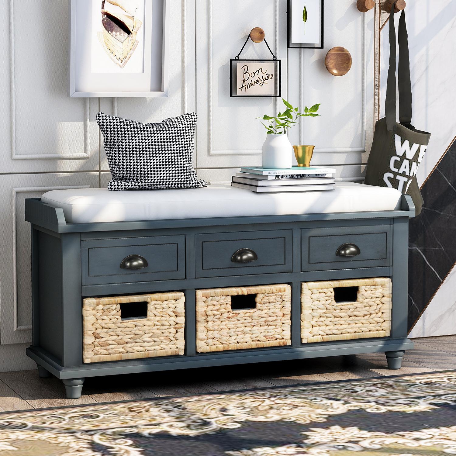 Bayfeve BF-5161M-IN Rustic Storage Bench Rustic Navy Blue Storage Bench with Storage 40.6 x 14.2 x 18