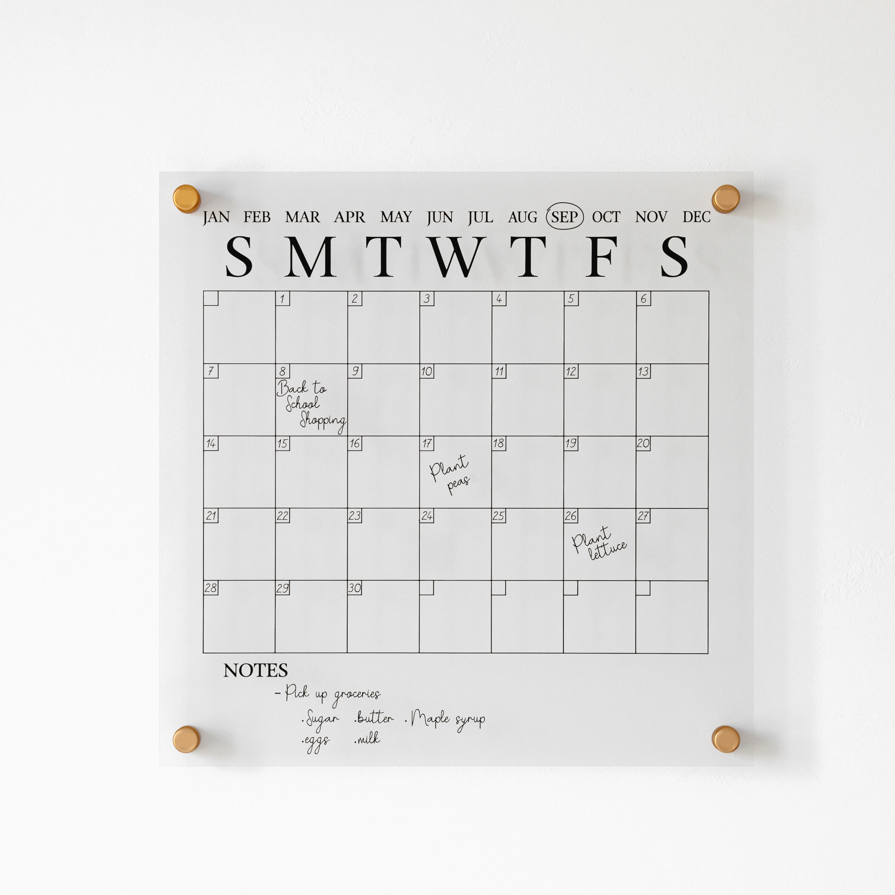Clear Acrylic Monthly Wall Calendar with Black Print and Dry Erase Marker