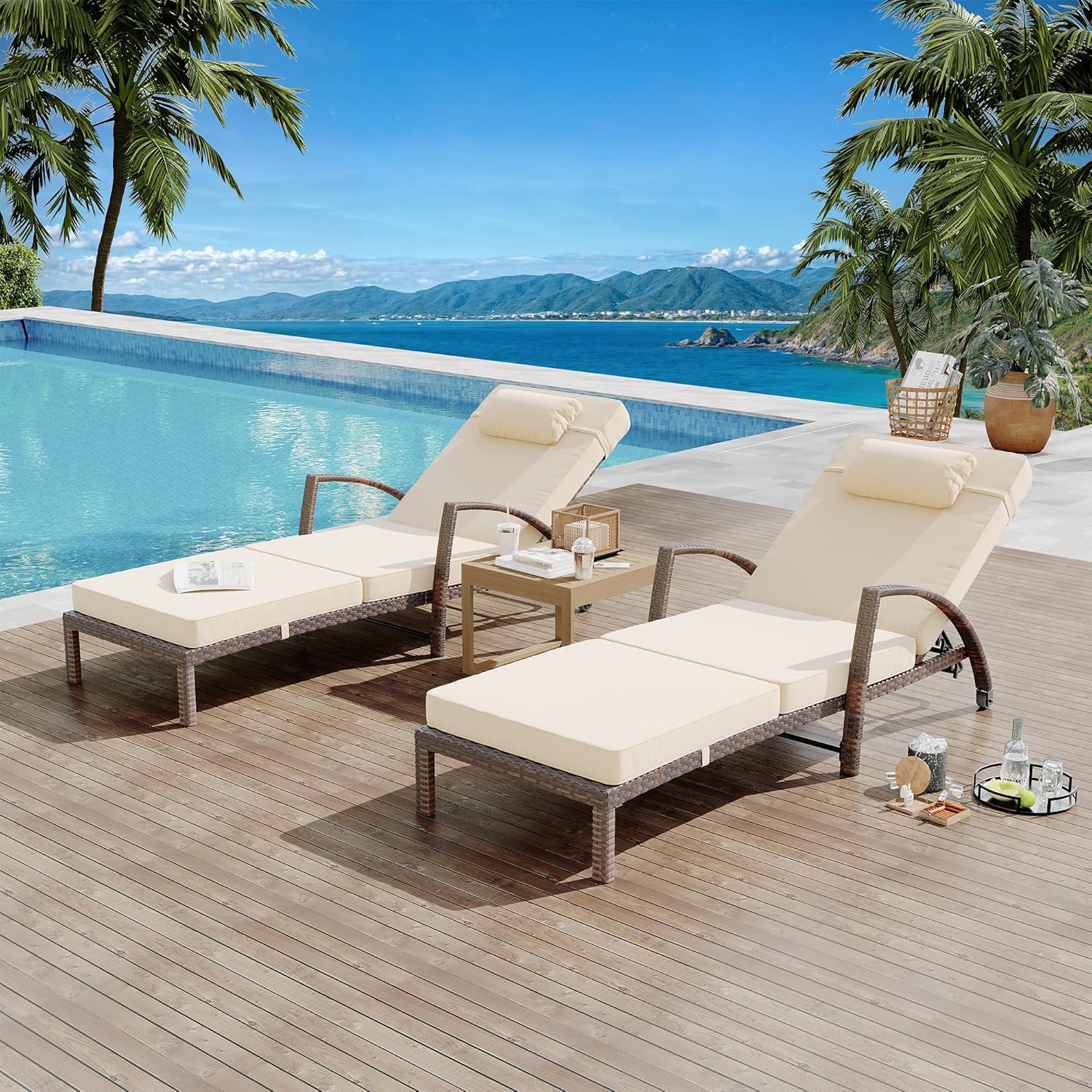 Qeetex LHF-HW-PPG-339DU4PM Outdoor Chaise Lounge Chairs Set of 2 Patio Rattan Reclining Chair with 5-Position Adjustable Backrest All-Weather Pool Sunbathing Recliners with Rolling Wheels for Outside - Brown and Beige